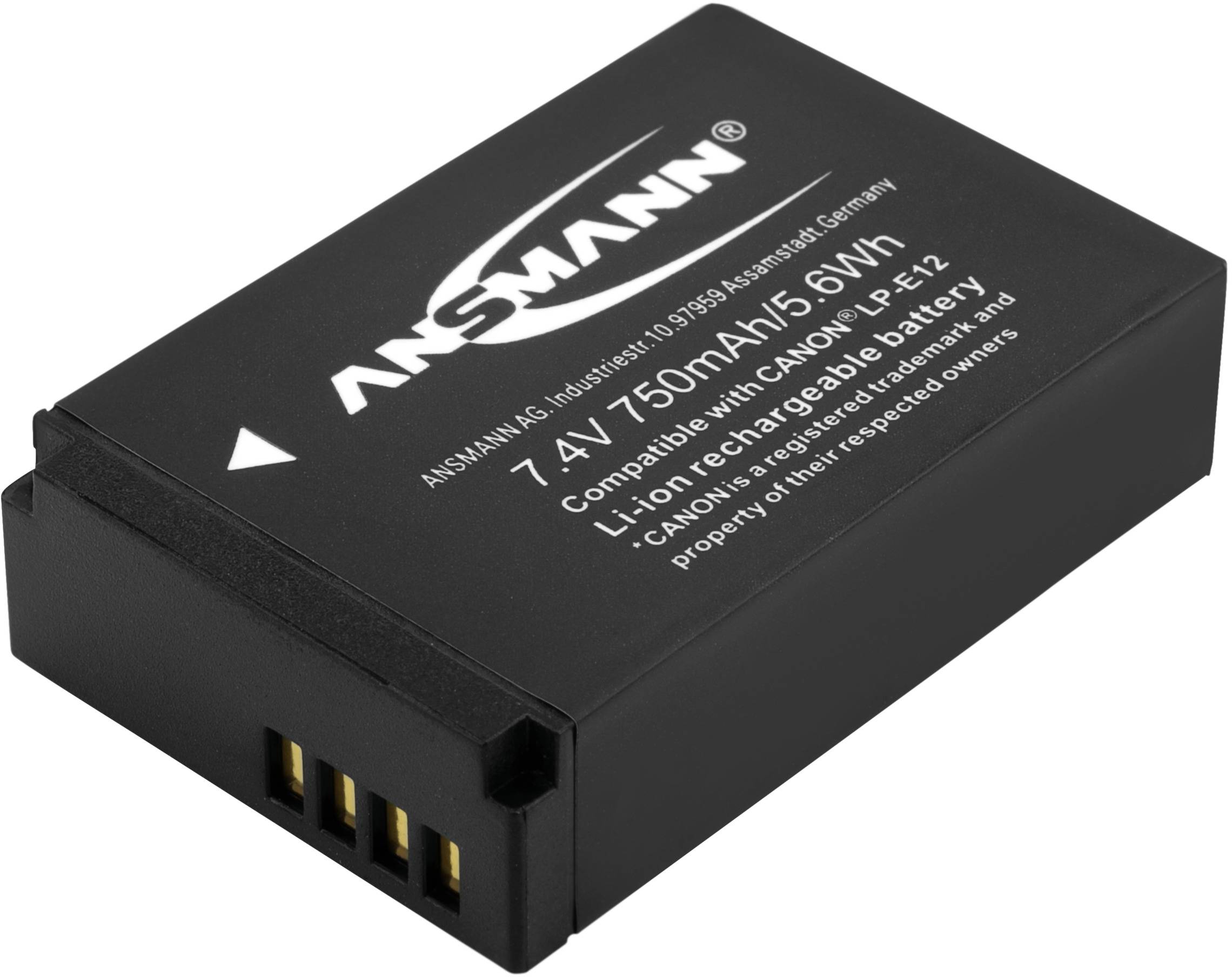 Schwarzer Akku von ANSMANN mit den Aufdrucken '7.4V 750mAh 5.6Wh' und 'Kompatibel mit Canon LP-E12'.