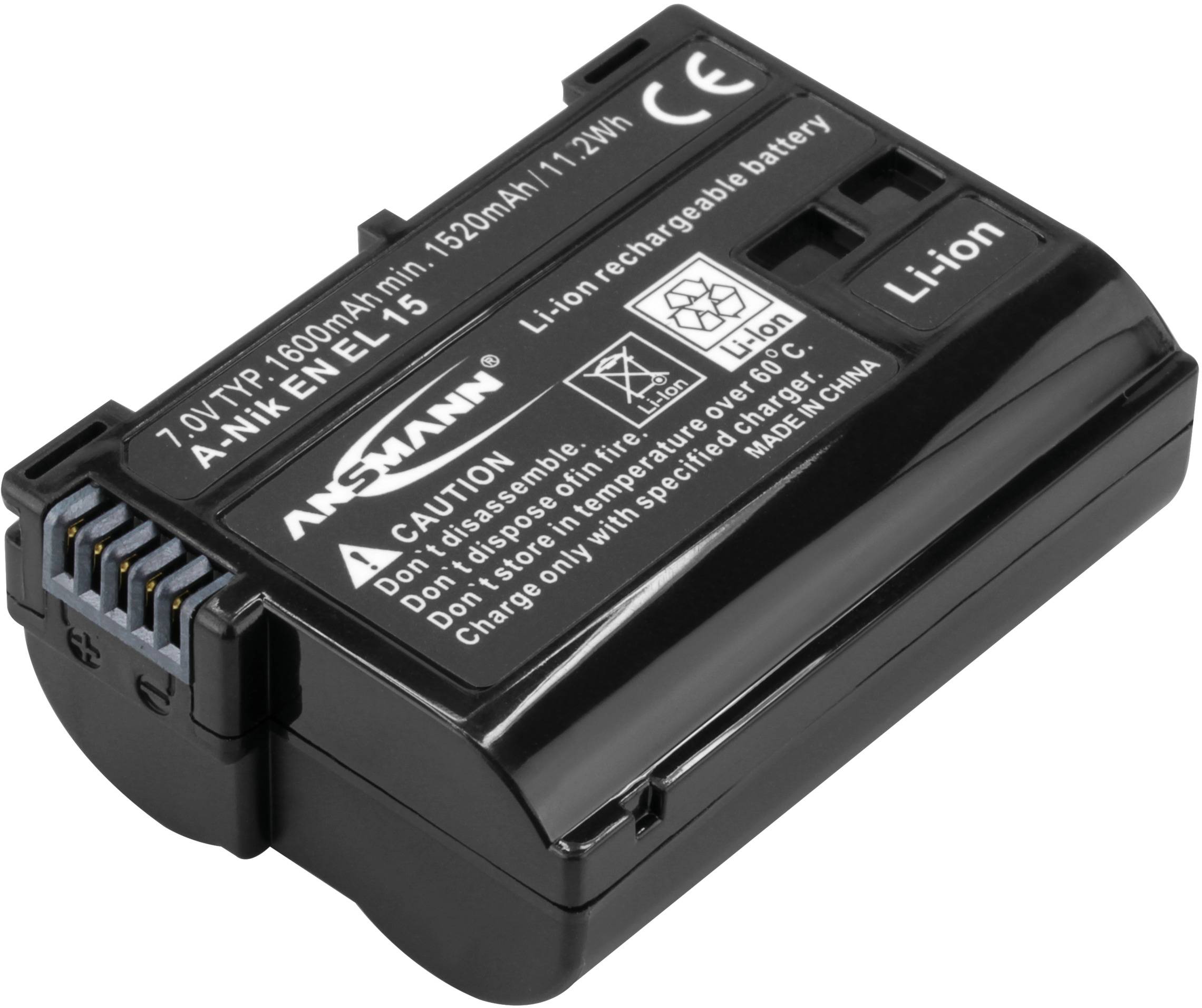 Schwarzer Lithium-Ionen-Akku mit mehreren Warnhinweisen und Markenaufdrucken, geeignet für verschiedene Elektrogeräte.