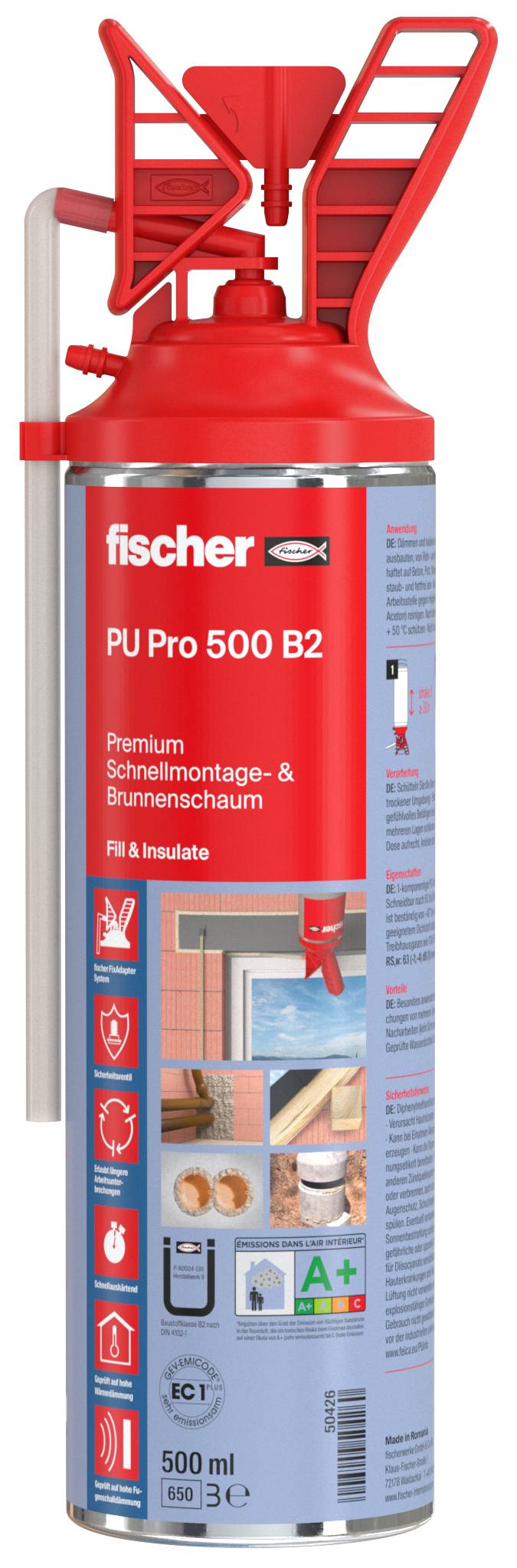 'Fischer PU Pro 500 B2' Schaumflasche mit rotem Applikator, zeigt Anwendungen: Bau, Isolierung. Enthält Symbole für Sicherheitshinweise.