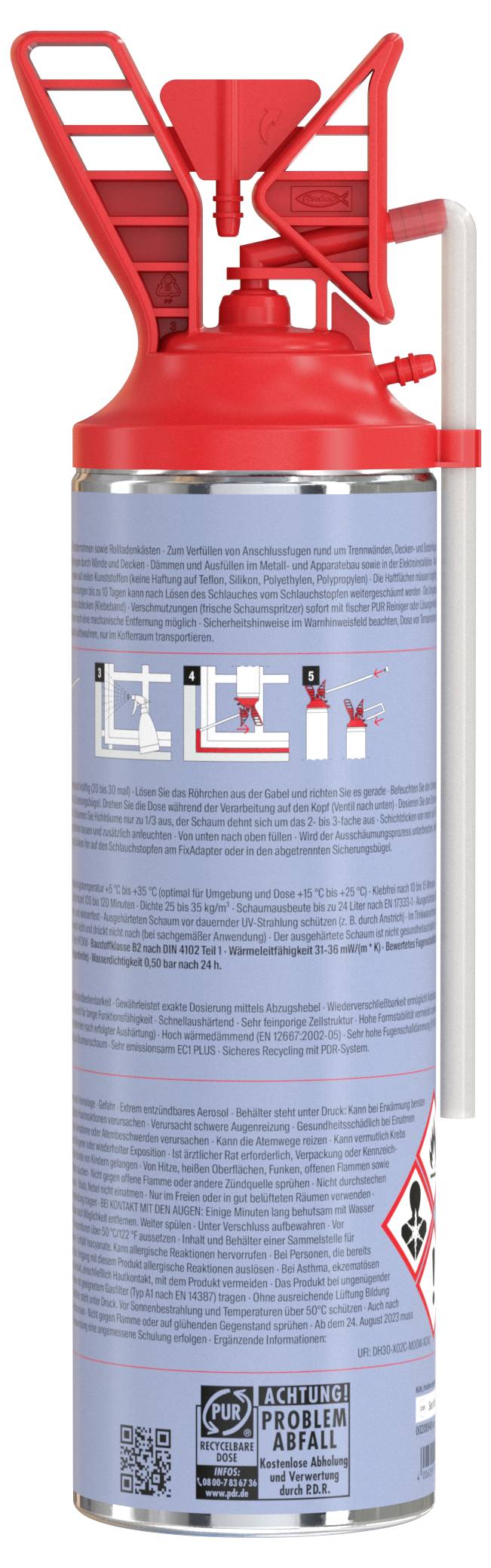 Schaumdosen-Applikator mit Bedienungsanleitung und Sicherheitsinformationen auf der Rückseite. Wichtige Hinweise und Symbole sichtbar.