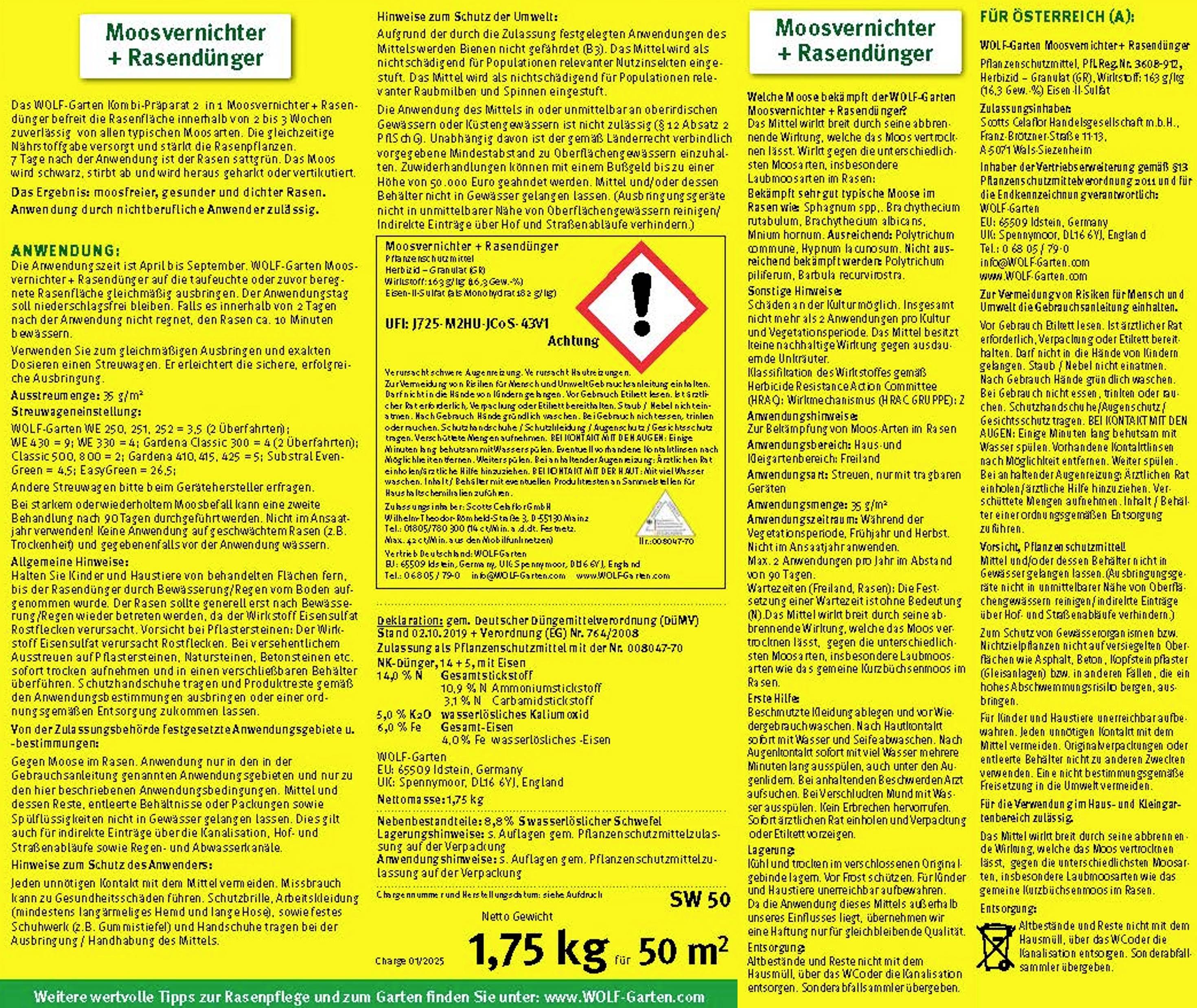 'Moosvernichter & Rasendünger' Anleitung auf gelbem Hintergrund. Warnhinweise und Dosierungsanleitung für Österreich und weitere Länder.
