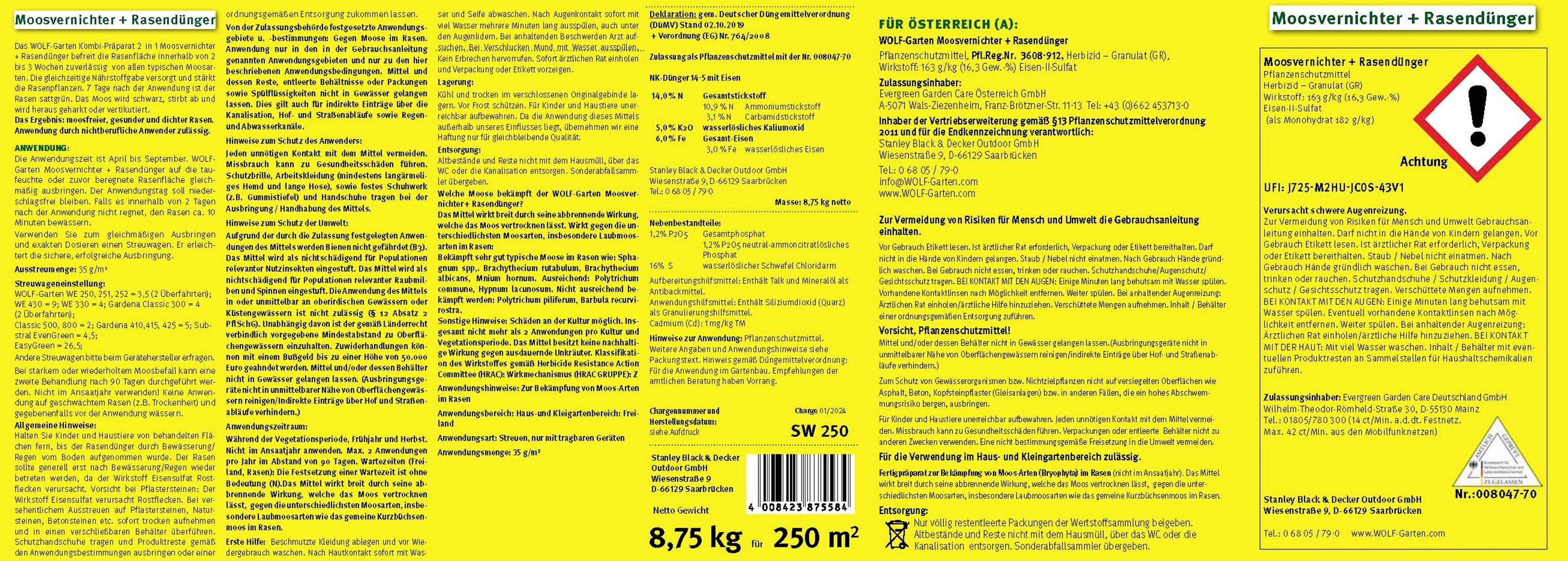 Gelbes Etikett eines Moosvernichters mit detaillierten Anwendungshinweisen, Sicherheitswarnungen und Herstellerinformationen auf Deutsch.