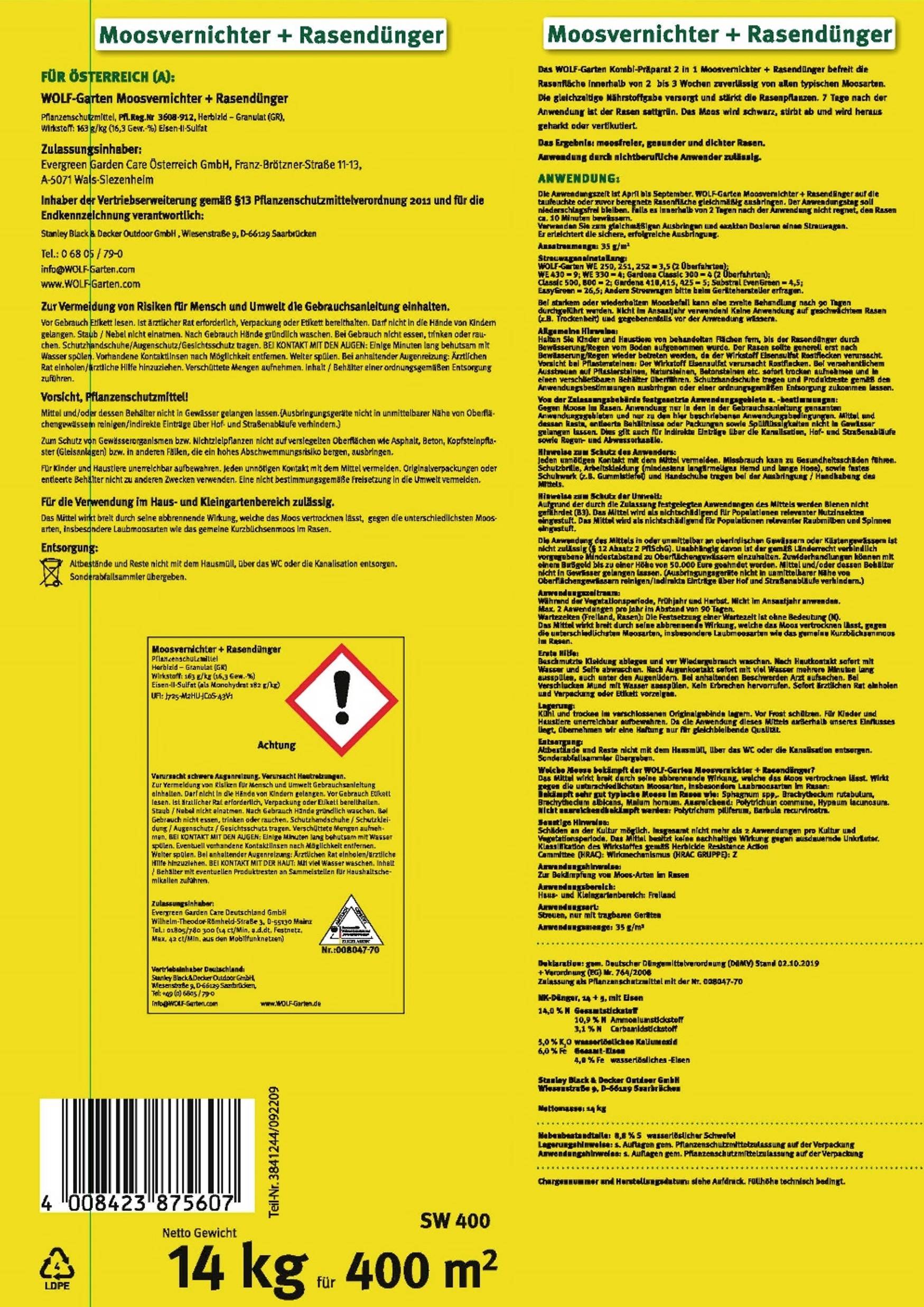 Moosvernichter und Rasendünger Verpackung mit Text zur Anwendung, Dosierung und Vorsichtsmaßnahmen für 14 kg Inhalt, geeignet für 400 m².