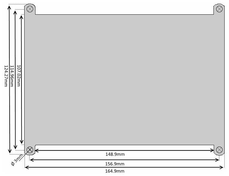Technische Zeichnung eines rechteckigen Bauteils mit den Maßen 107,8mm x 164,9mm. Enthält detaillierte Bohrungs- und Randmaße.
