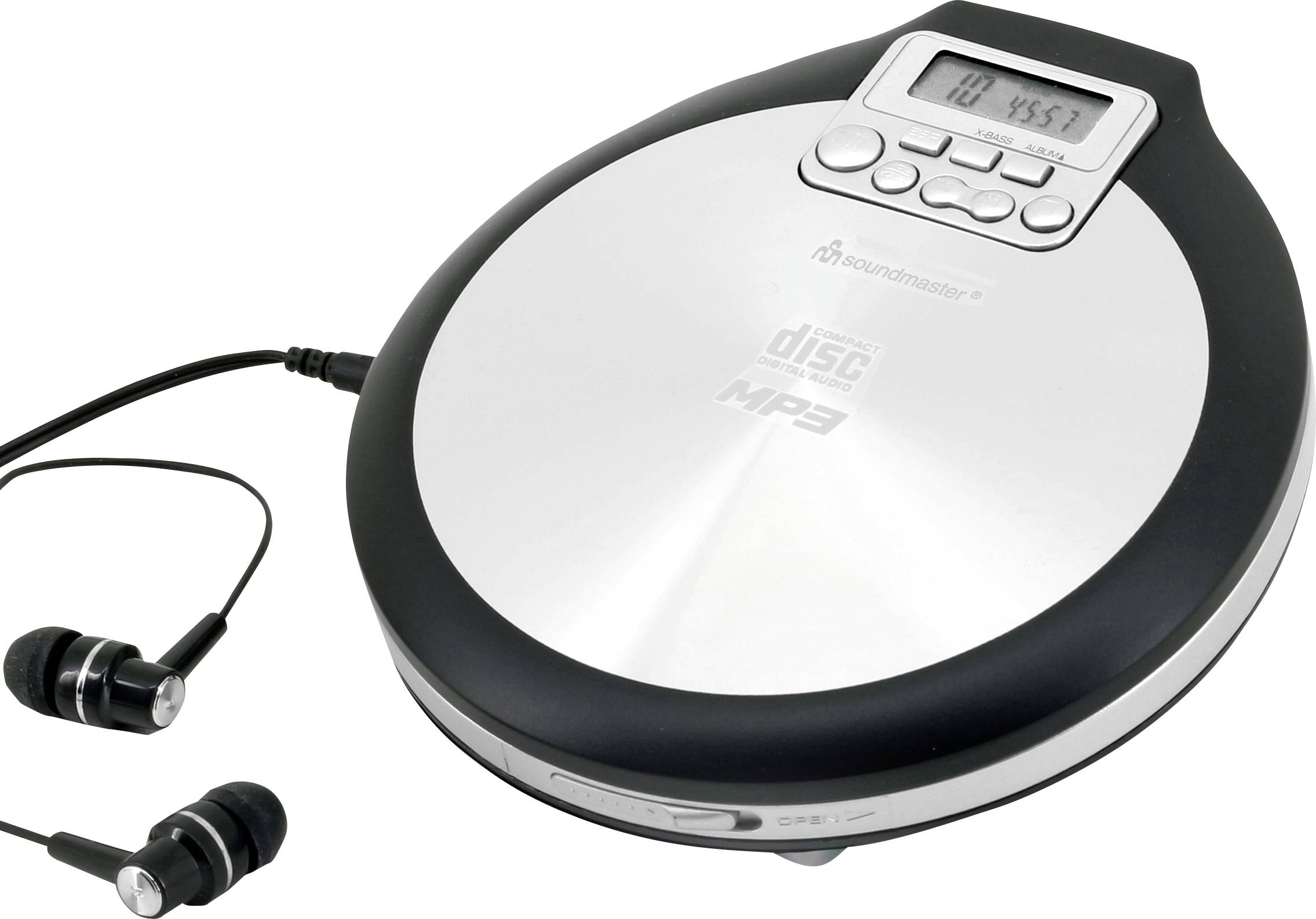 Tragbarer CD-Player mit LCD-Display und kabelgebundenen Kopfhörern auf weißem Hintergrund.