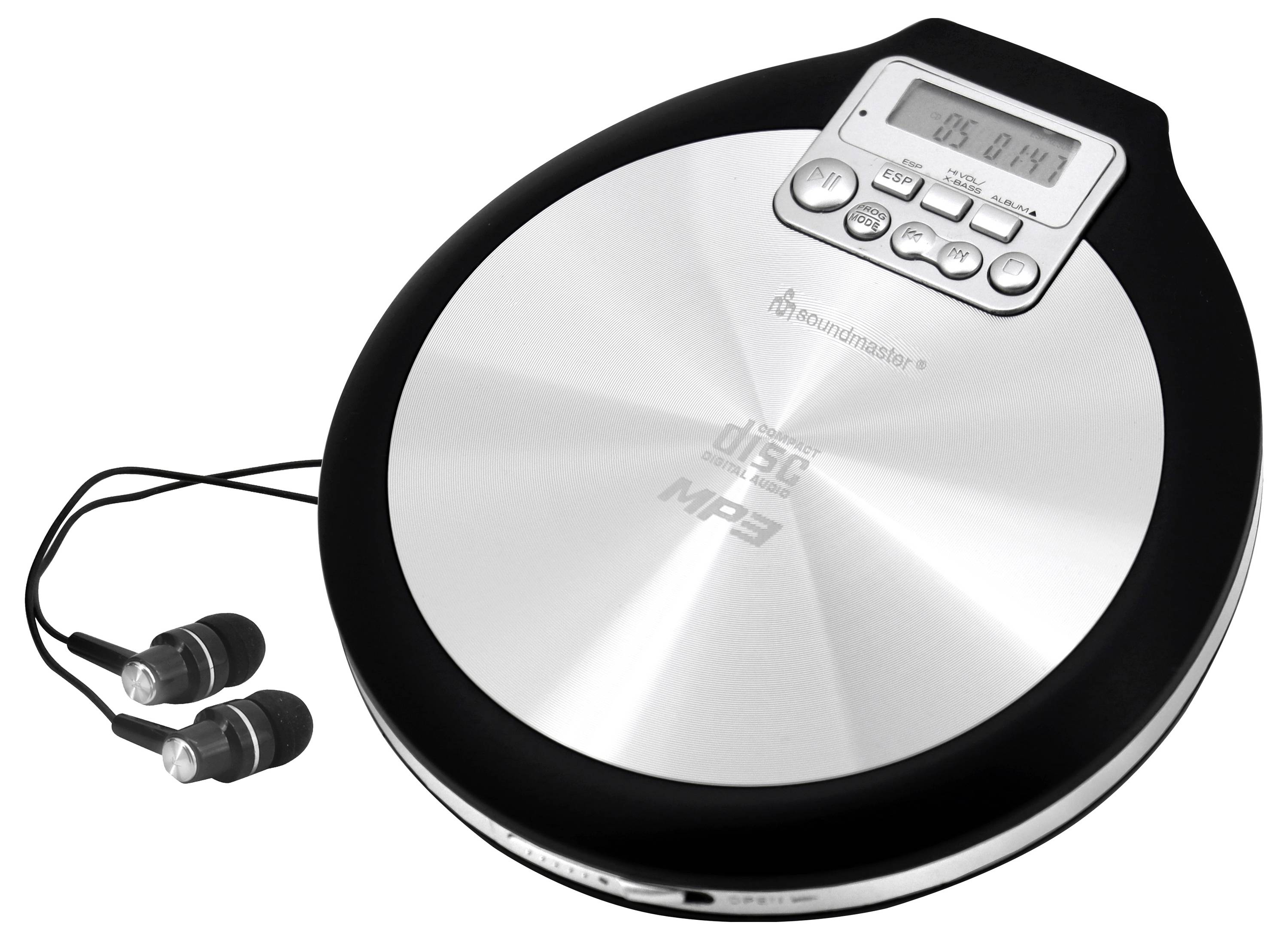 Tragbarer CD-Player mit verbundenen Ohrstöpsel-Kopfhörern und LCD-Reglern auf weißem Hintergrund.