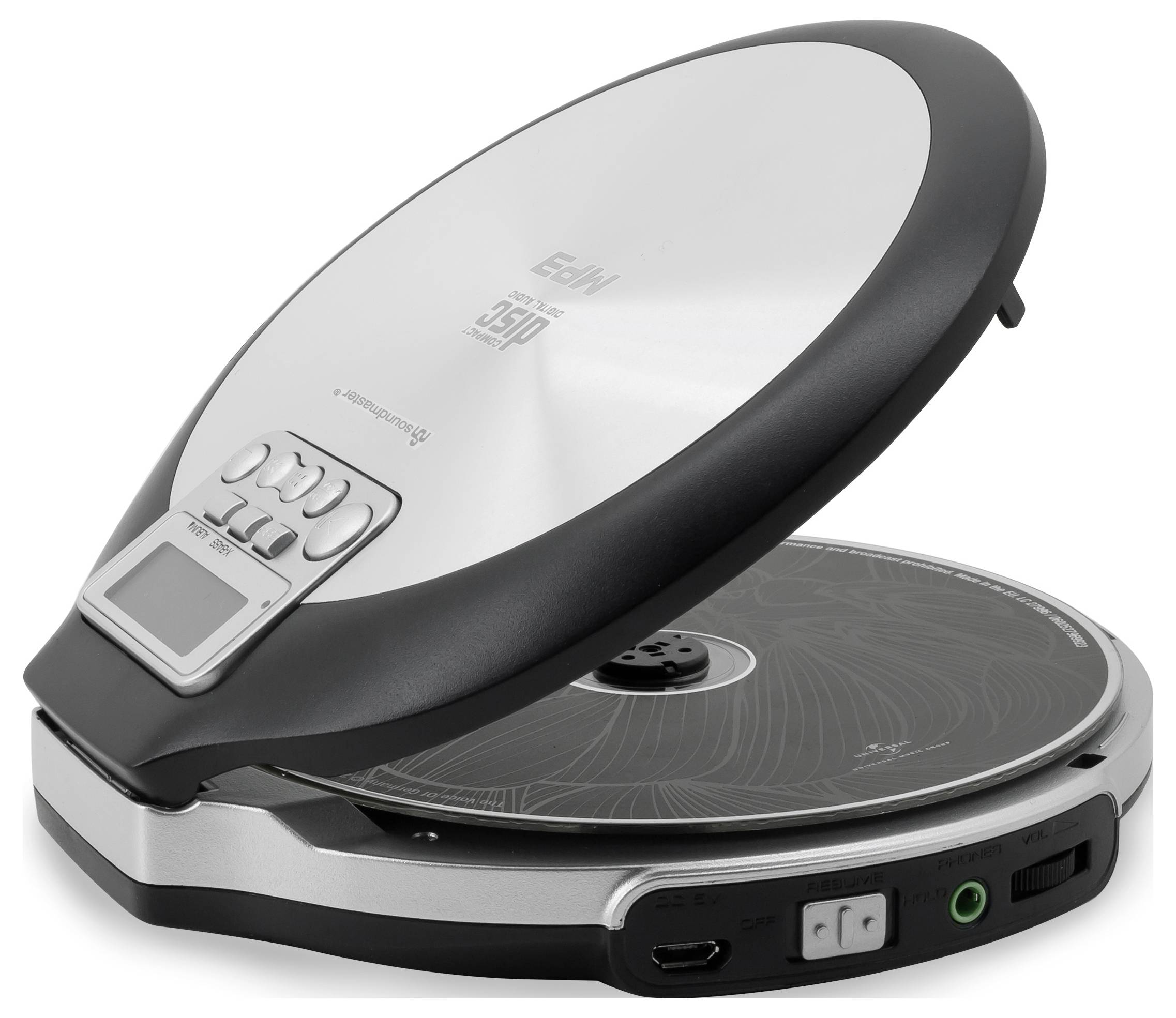Ein tragbarer CD-Player mit geöffnetem Deckel, der die Disc und die Steuertasten oben zeigt.