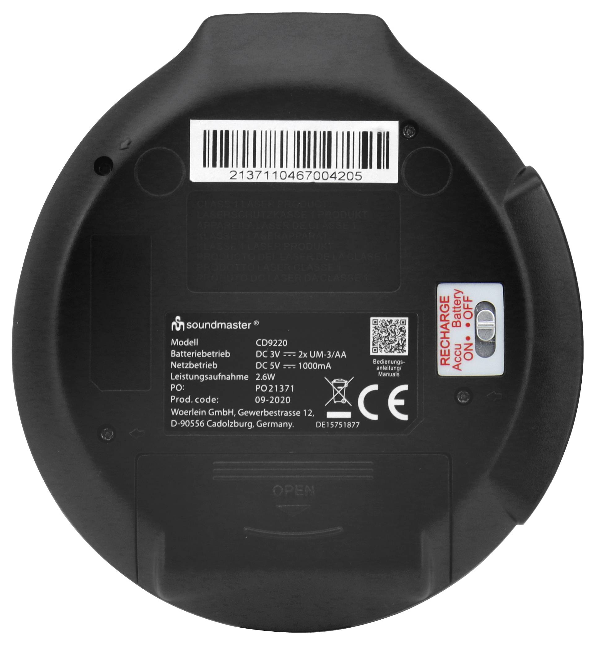Unteransicht eines runden Soundmaster-Geräts mit Modellbezeichnung D9220, Barcode, CE-Zeichen, Batteriefach und einem EIN/AUS-Schalter mit der Aufschrift „AC/DCE