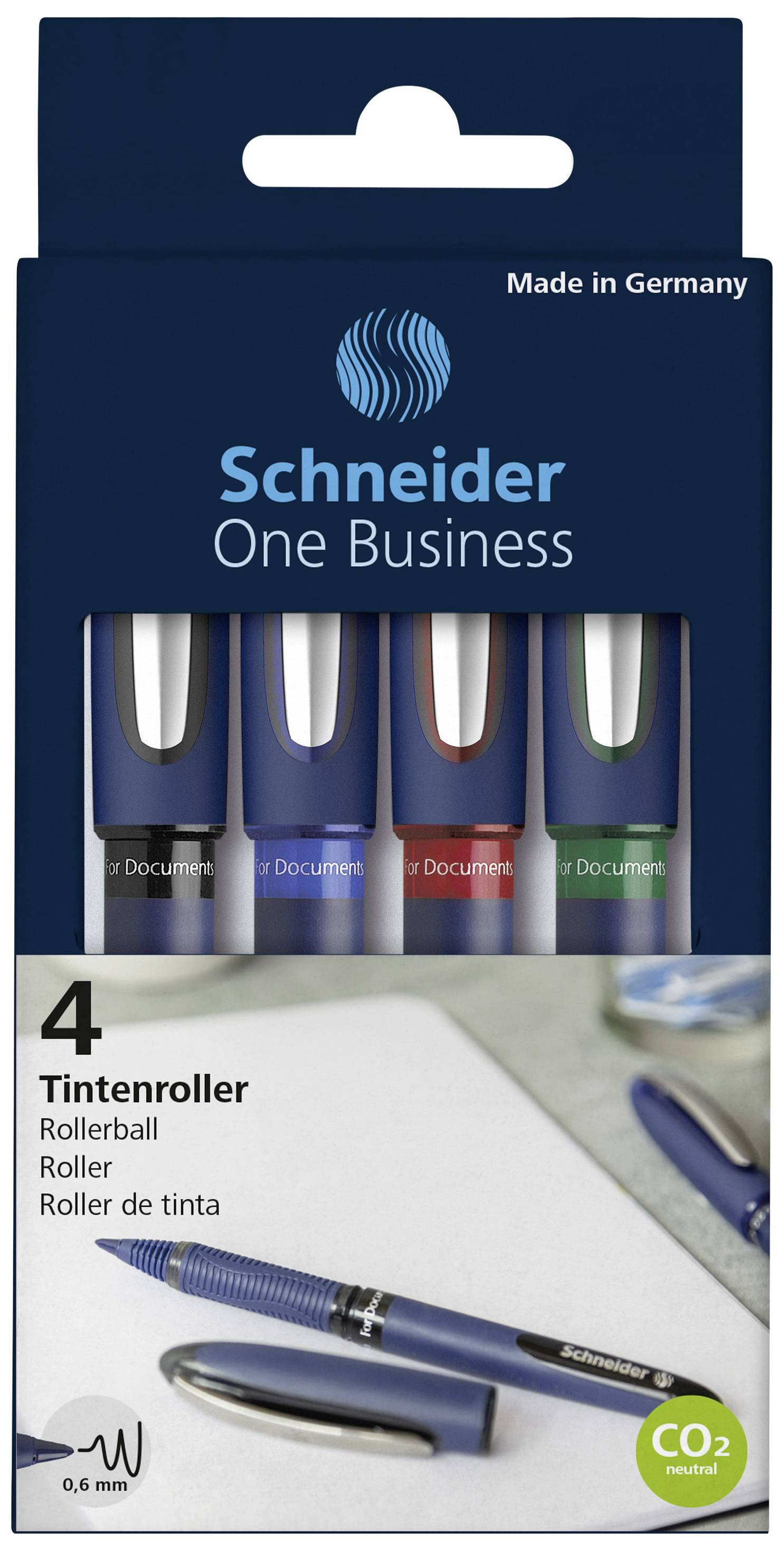 Verpackung mit vier 'Schneider One Business' Tintenrollern in Blau, Schwarz, Rot und Grün. Vorderseite mit Stiftabbildung.
