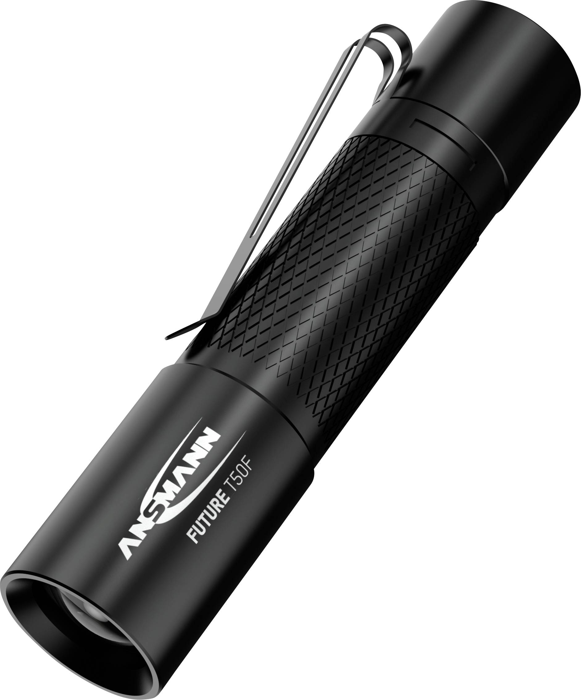 Schwarze Taschenlampe mit Clip und geriffeltem Griff. Logo 'Ansmann' und Modellname 'Future T150F' auf dem Gehäuse gedruckt.