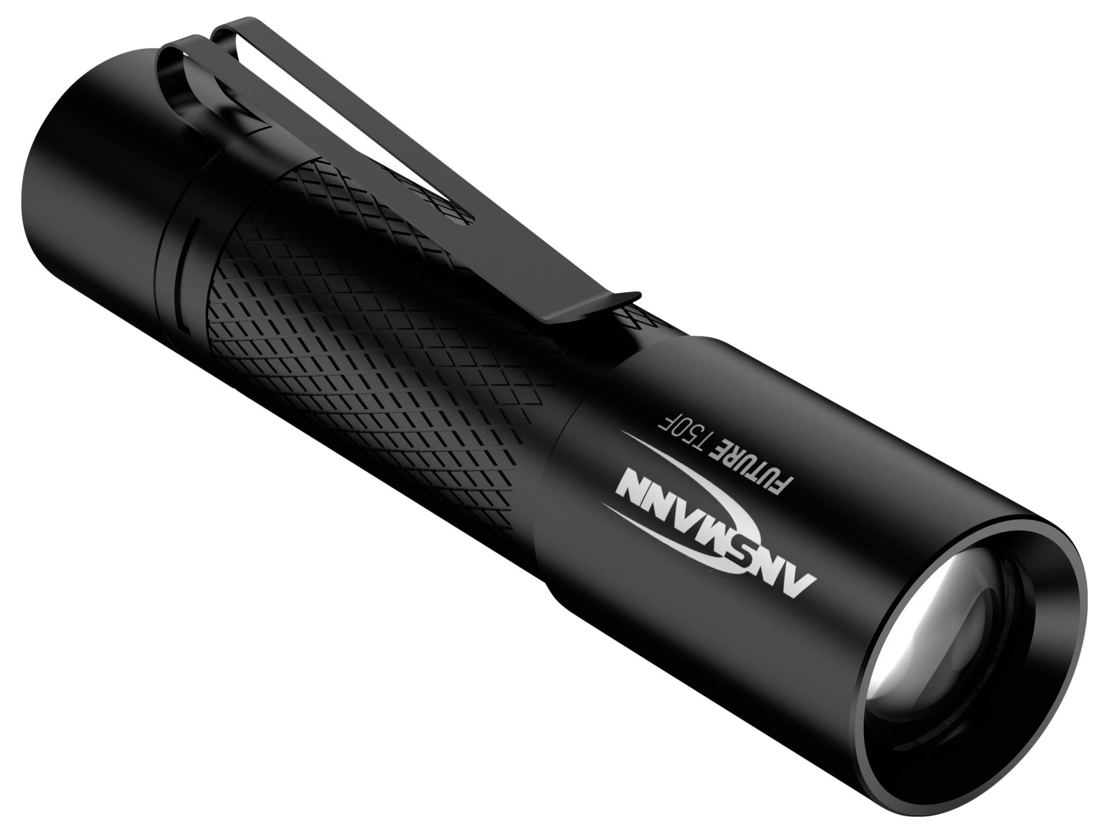 Taschenlampe in Schwarz mit Clip, Aufschrift 'ANSNANN' und 'FUTURE T150F'. Sie ist kompakt und hat eine strukturierte Oberfläche.