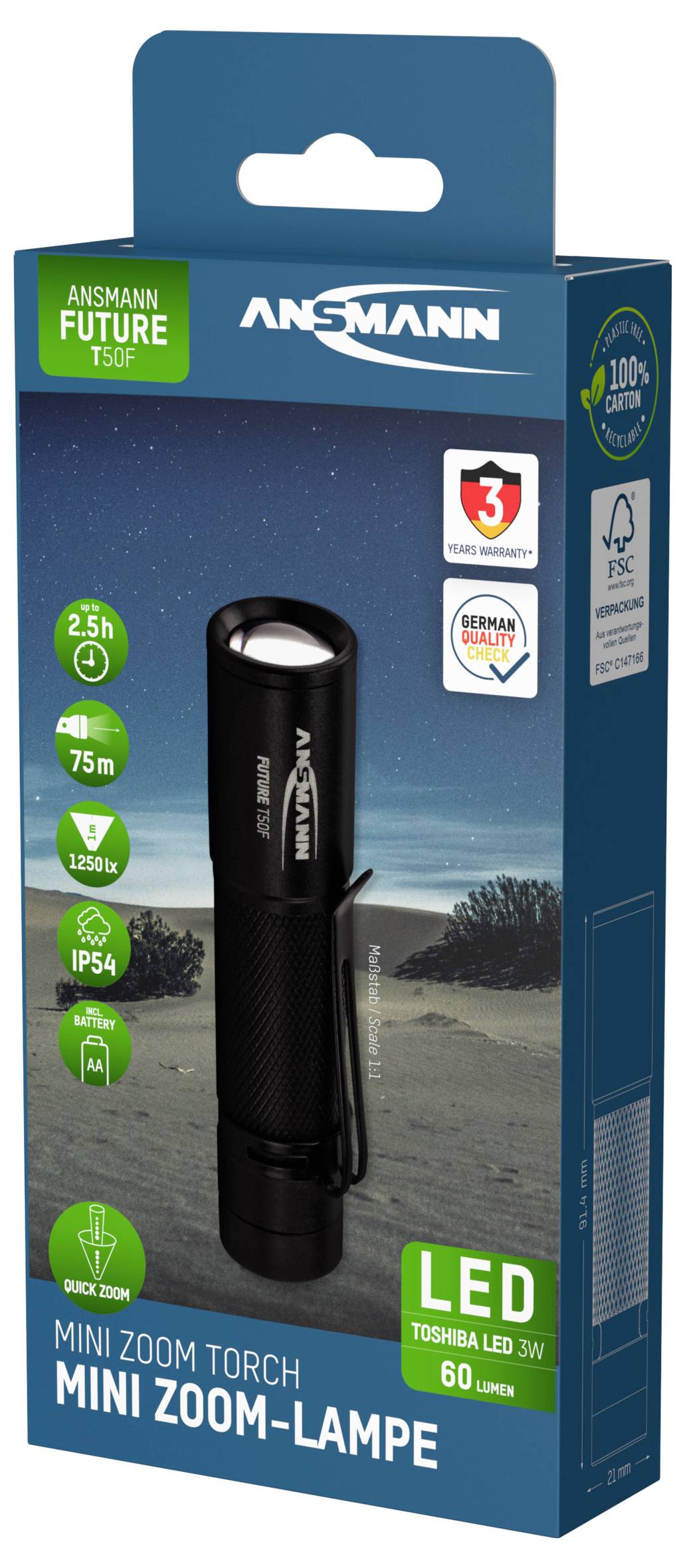 Ansmann T50F LED Taschenlampe batteriebetrieben 60 lm 2.5 h 60 g