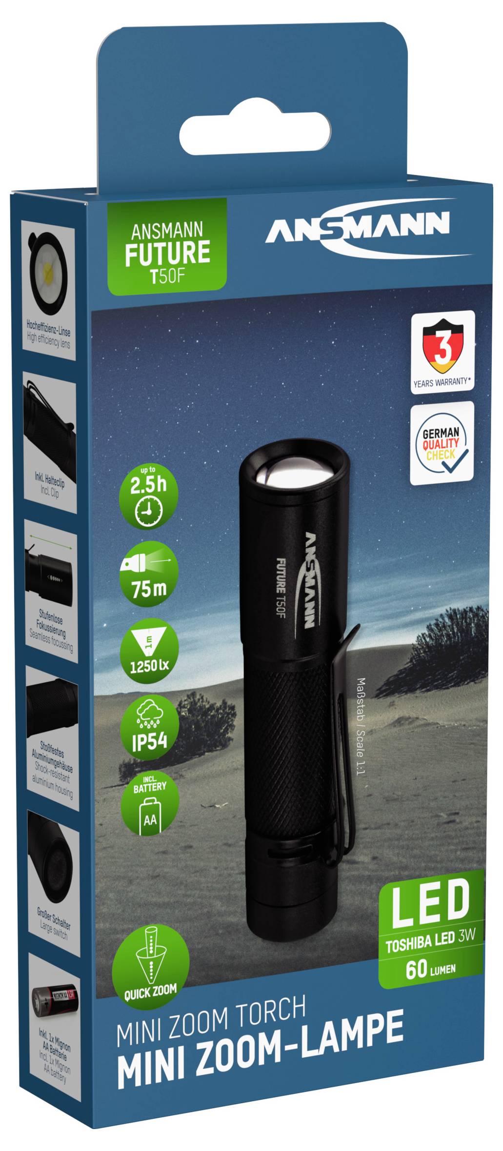 Verpackung einer Mini-Zoom-Lampe der Marke Ansmann. Details: 2,5 h Laufzeit, 1250 Lumen, IP54 Schutz, LED-Technologie.