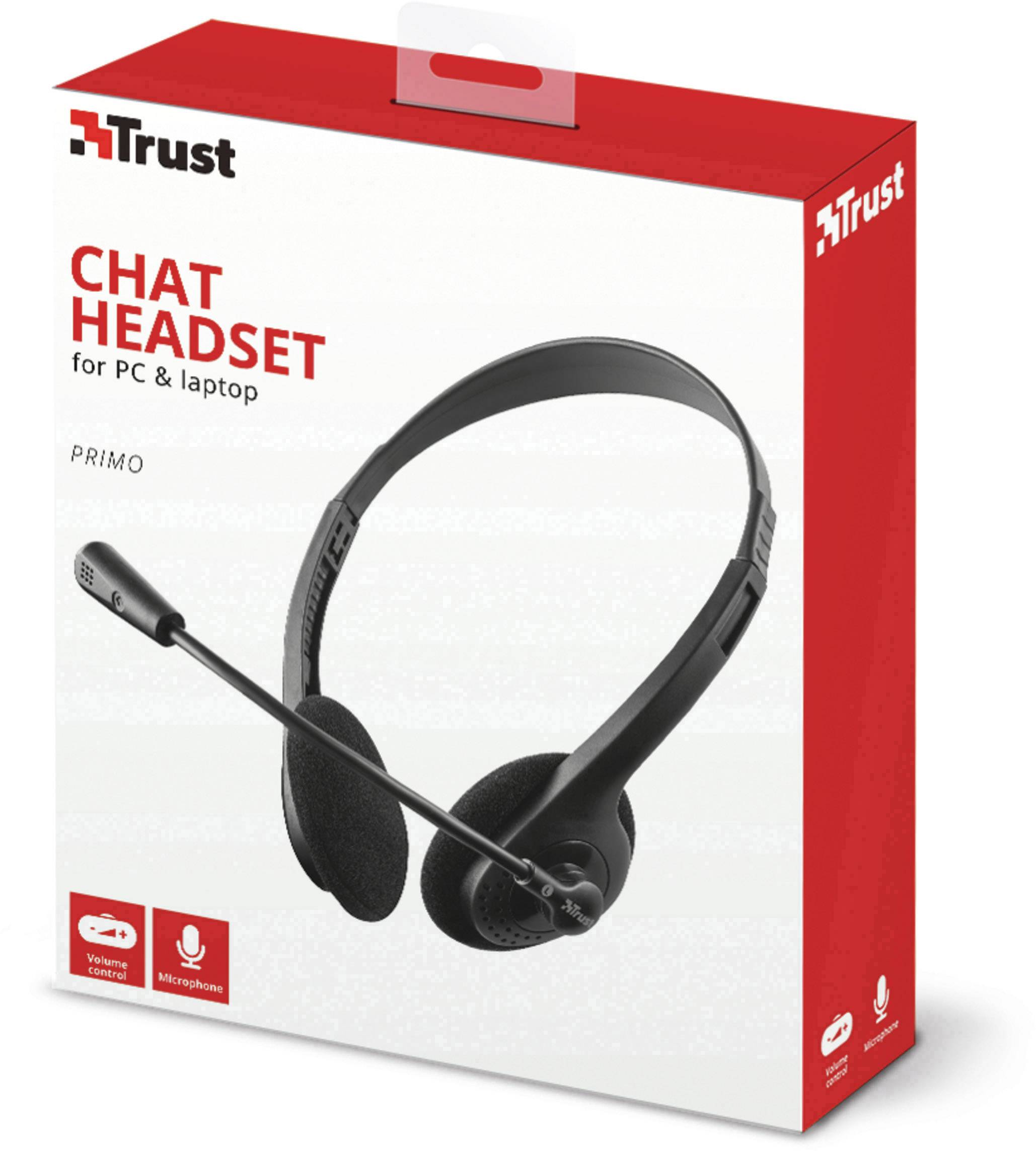 'Trust' Chat-Headset-Verpackung zeigt ein schwarzes Headset mit Mikrofon, geeignet für PC und Laptop. Features: Lautstärkeregelung, komfortabel.