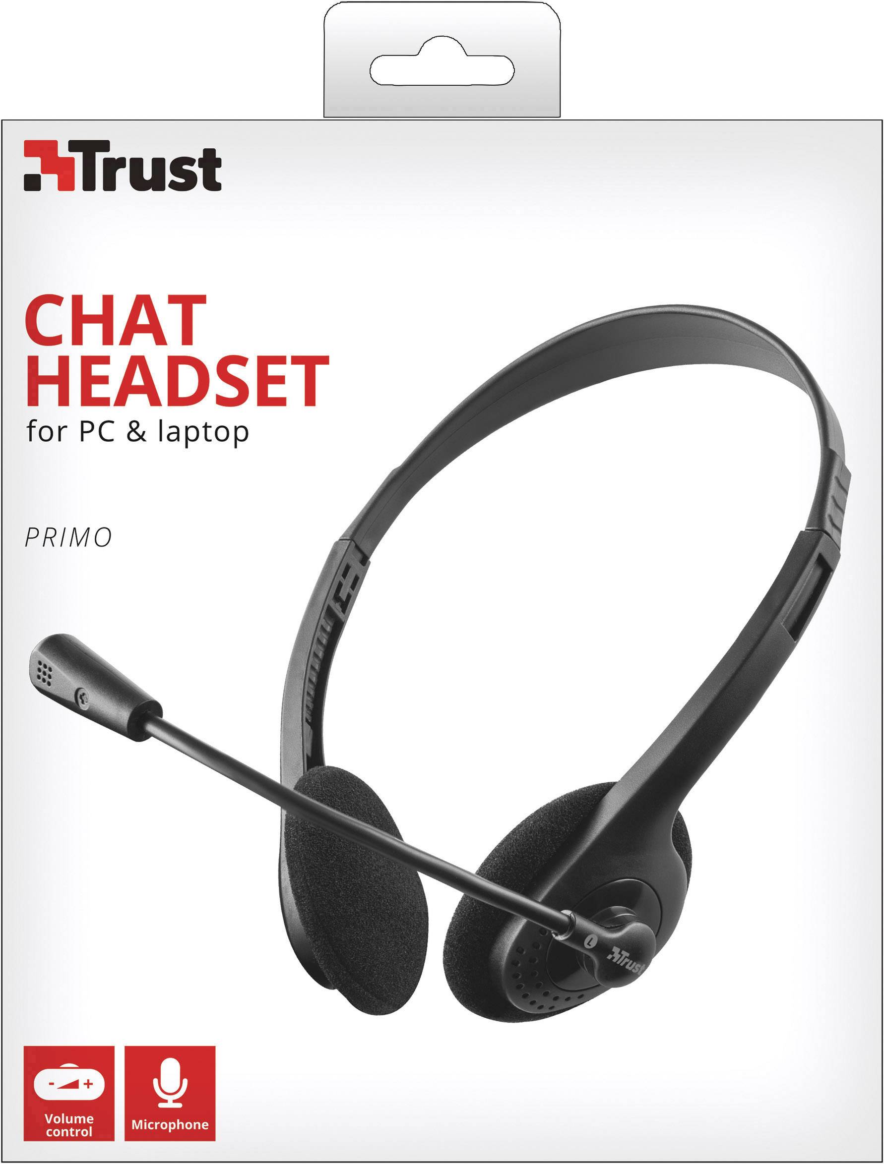 Verpackung eines Chat-Headsets für PC und Laptop der Marke Trust. Schwarzes Headset mit Mikrofon und Lautstärkeregler-Symbolen.