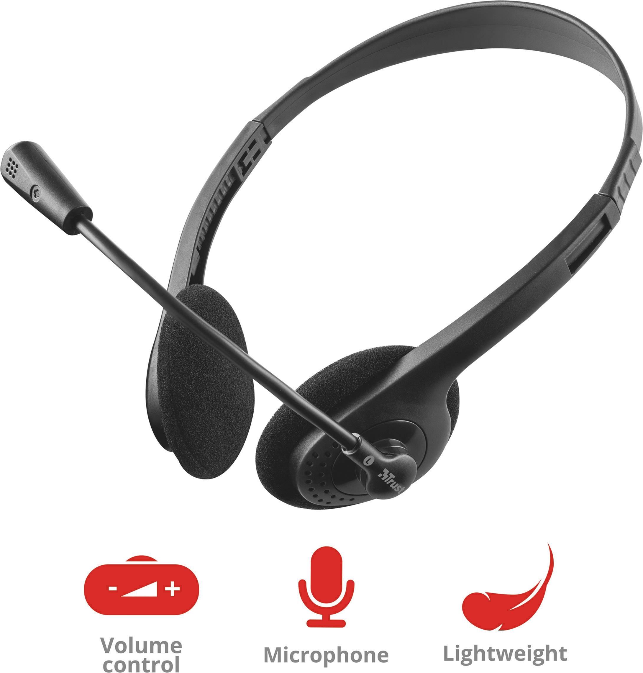 Schwarzes Headset mit Mikrofon, Lautstärkeregler und leichtem Design. Geeignet für komfortable Audioanwendungen.