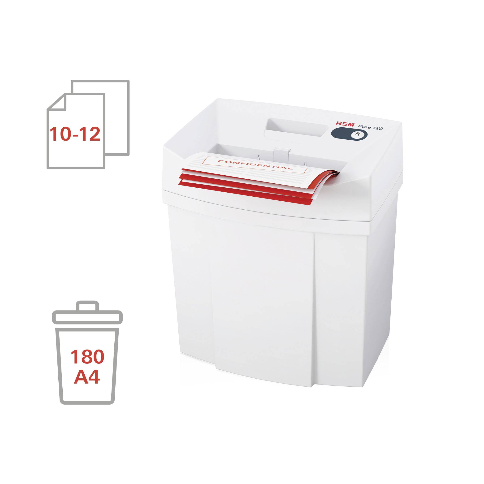 Ein weißer Aktenvernichter für 10-12 Blatt, mit einer rot markierten Klappe, füllt Papierschnipsel in einen Behälter für 180 A4-Seiten.