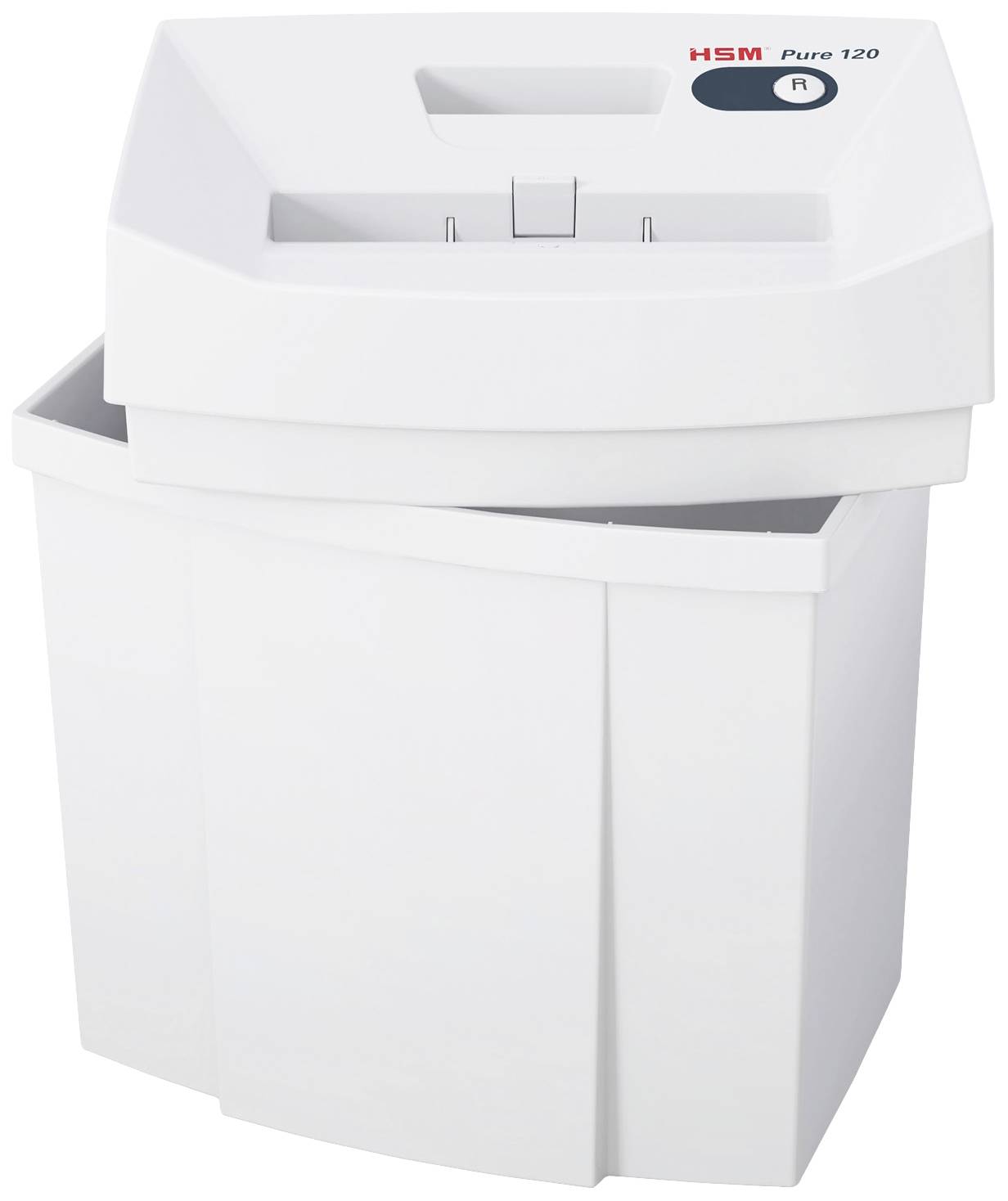 Ein weißer Aktenvernichter mit dem Markennamen 'HSM Pure 120'. Er hat ein rechteckiges Gehäuse mit einem abnehmbaren Auffangbehälter.