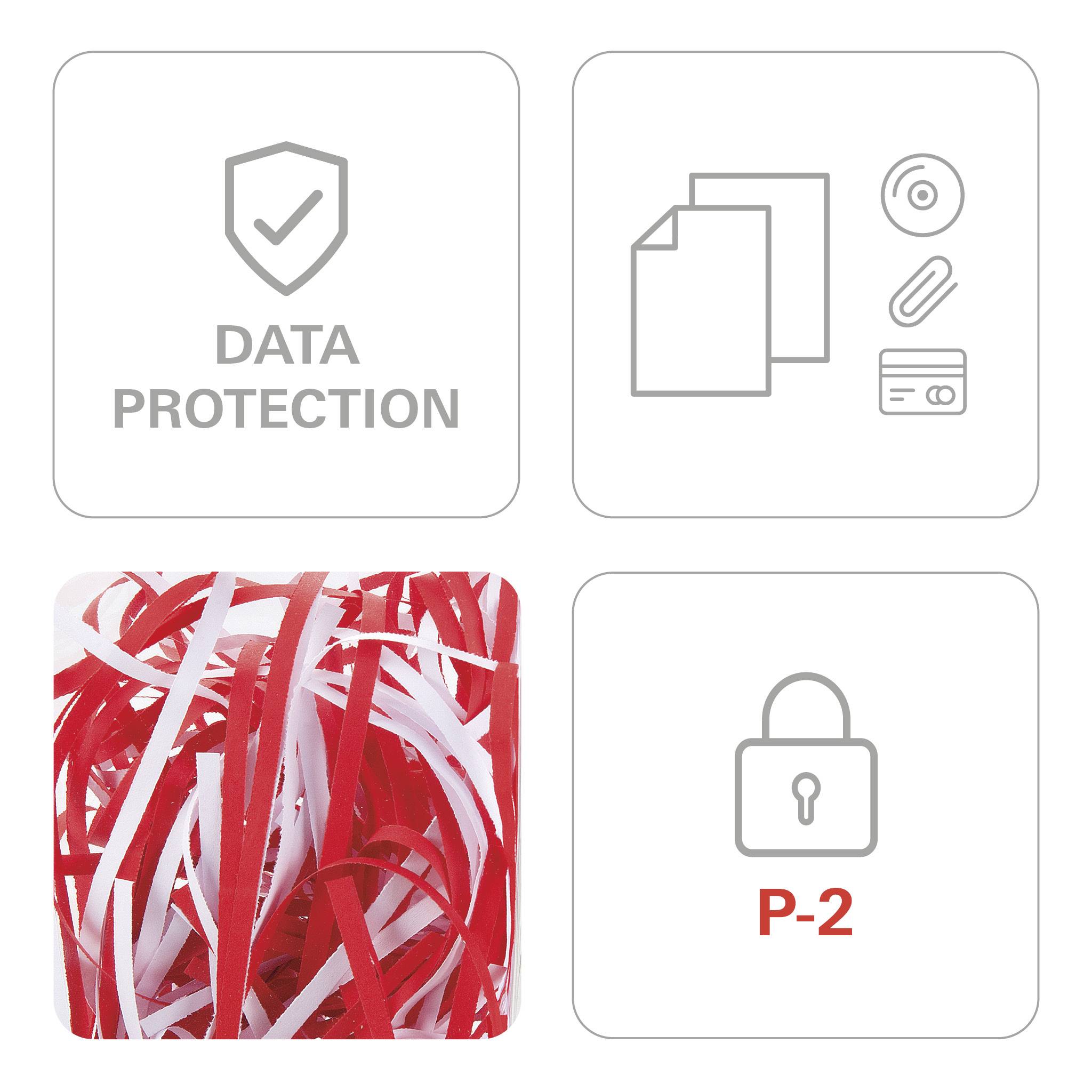 Datenblattsymbol mit 'DATA PROTECTION'. Zerkleinerte rote und weiße Streifen. Symbol für Schlossschutz mit 'P-2'. Symbole für Dokumente und Karten.