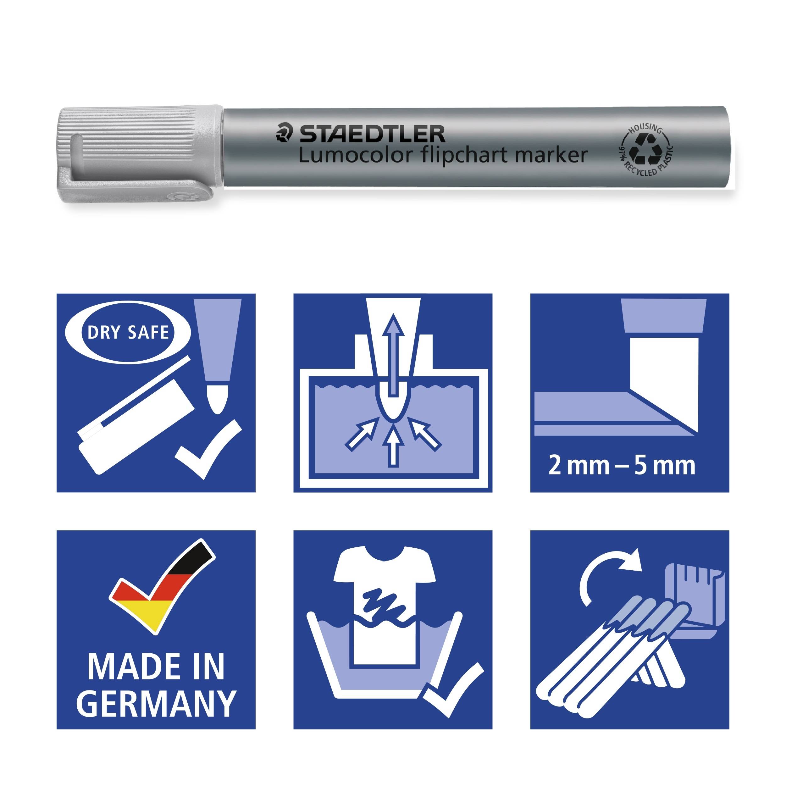 Abgebildet ist ein silberner Staedtler Lumocolor Flipchart-Marker. Symbole zeigen: trockensicher, austauschbare Spitze, Herstellung in Deutschland.