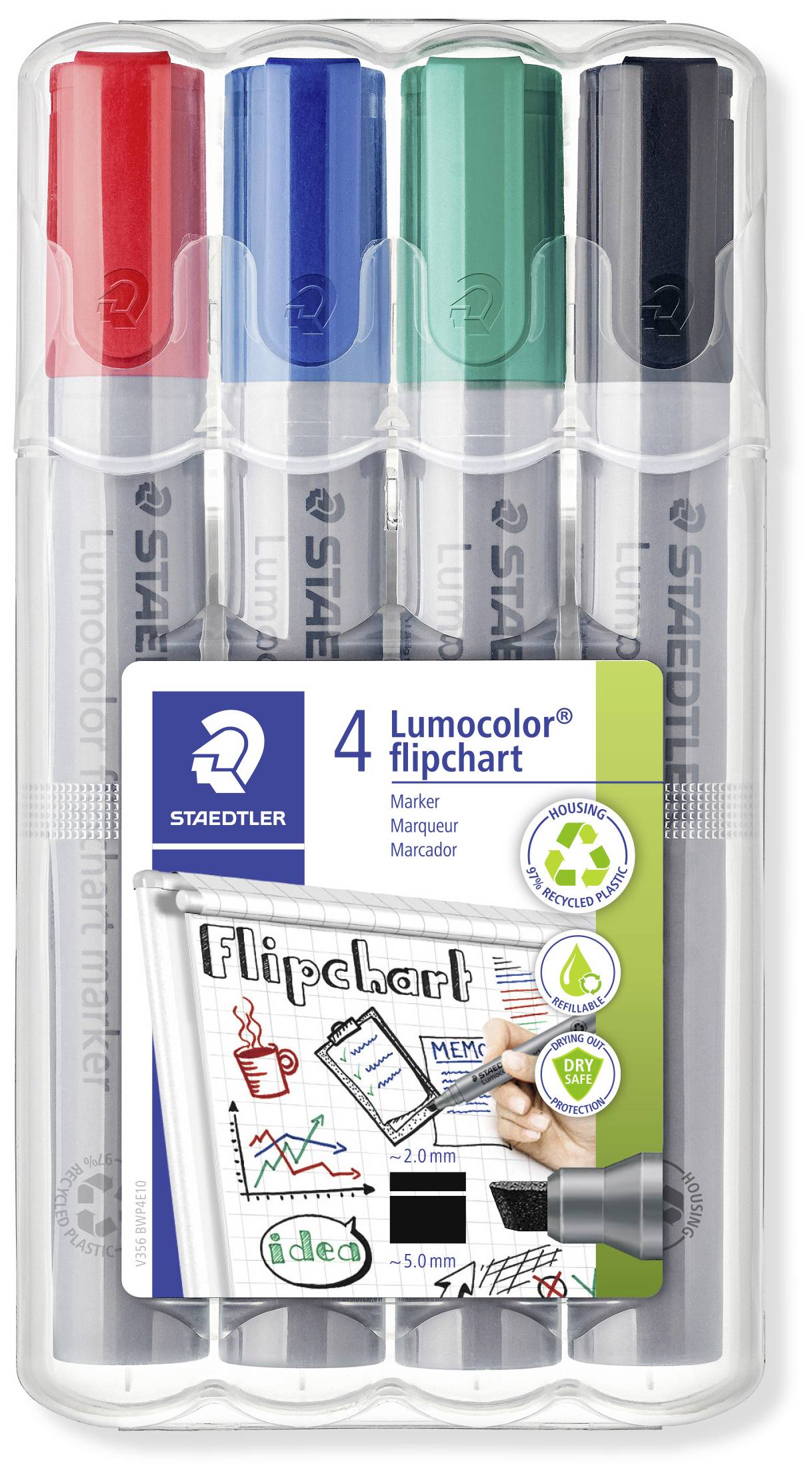 Vierpack Lumocolor Flipchart-Marker von Staedtler in den Farben Rot, Blau, Grün und Schwarz, mit Plastikverpackung.