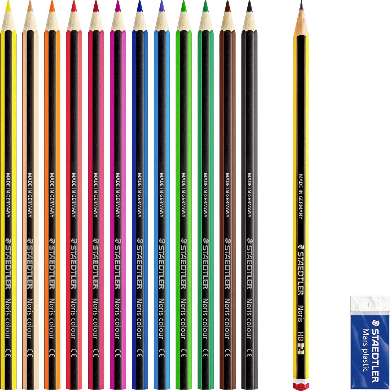 Ein Set von zwölf Buntstiften in verschiedenen Farben und ein schwarzer HB-Bleistift, neben einer Radiergummi-Verpackung.