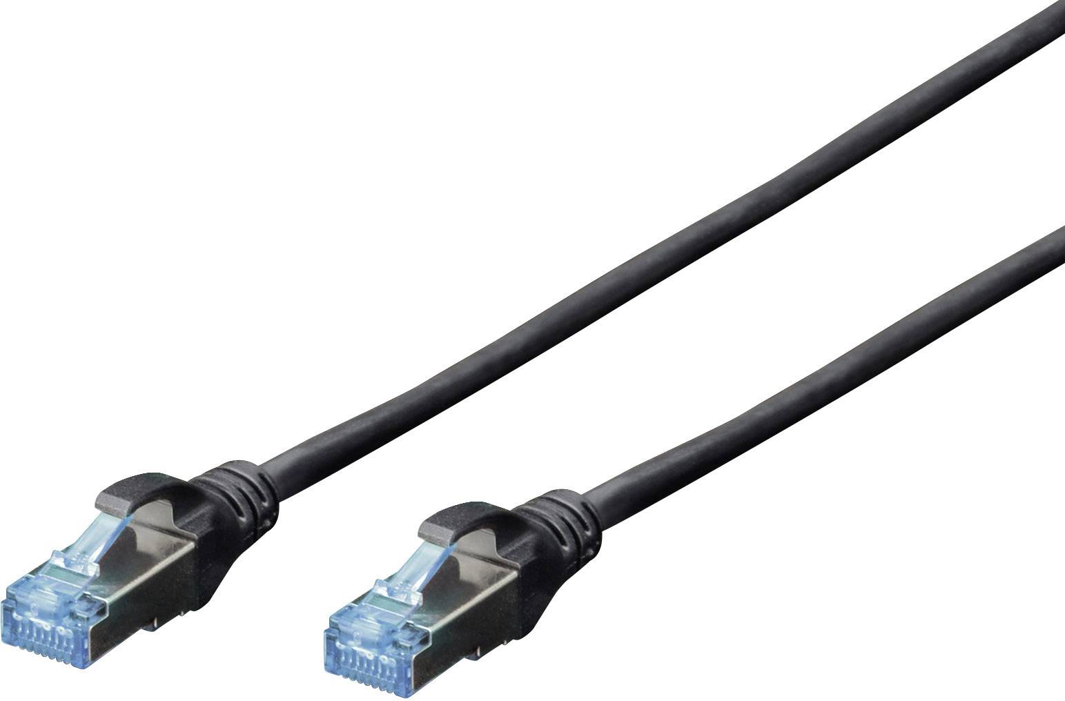 Zwei schwarze Ethernet-Kabel mit blauen Steckern, die für Netzwerkverbindungen verwendet werden.