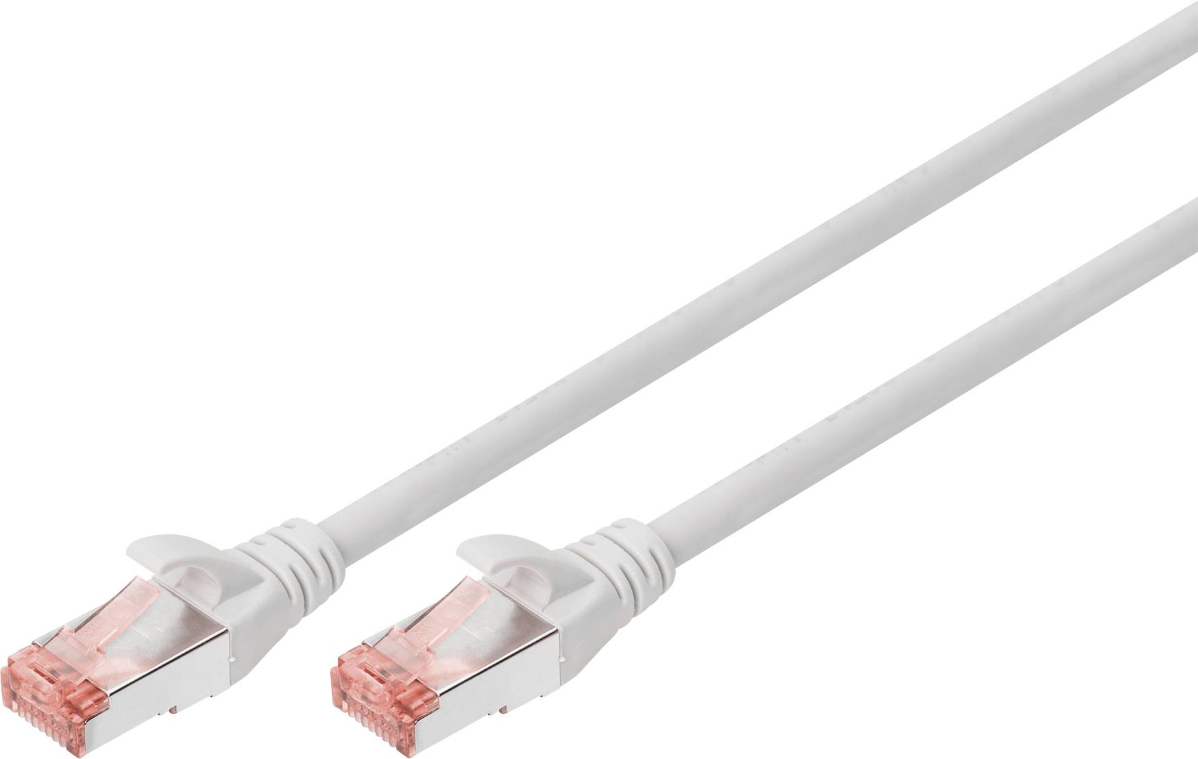 Ein weißes Ethernet-Kabel mit zwei RJ45-Steckern, geeignet für Netzwerkverbindungen.