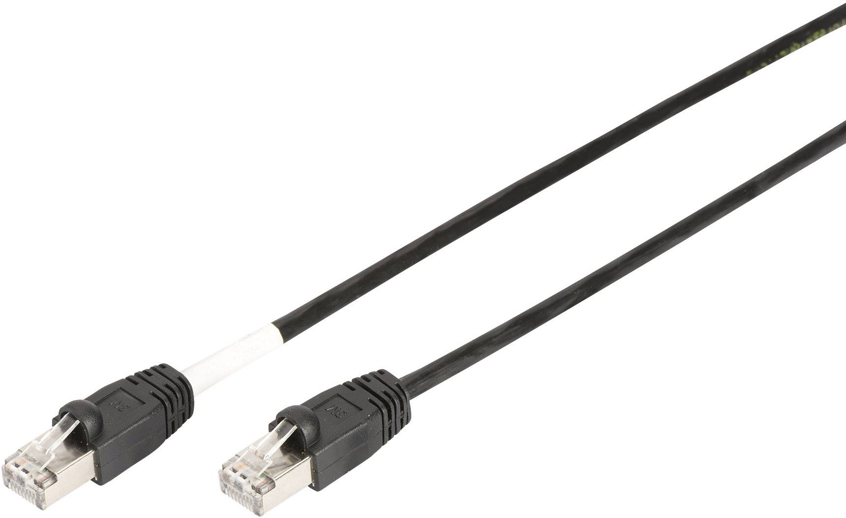 Ein schwarzes Ethernet-Kabel mit zwei RJ45-Steckern an jedem Ende.