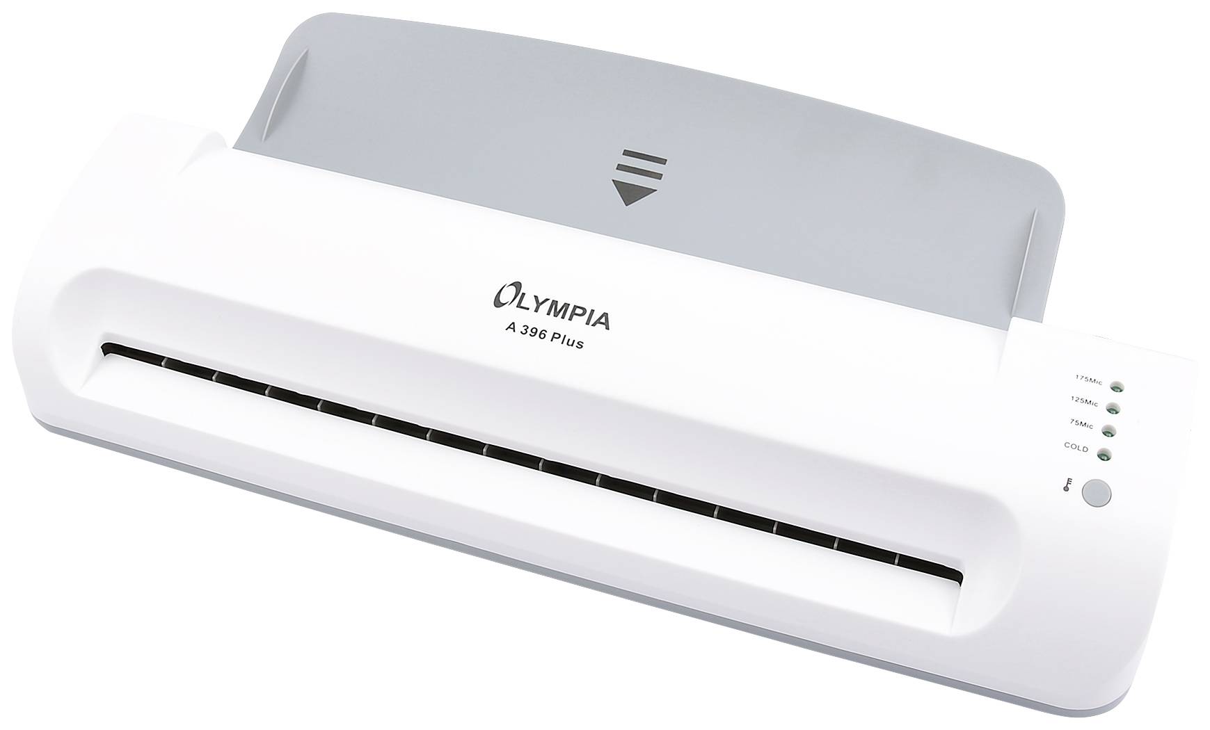 Ein weißer Laminator der Marke Olympia, Modell A 396 Plus, sichtbar von oben, mit grauer Papierzuführung und Bedienelementen rechts.