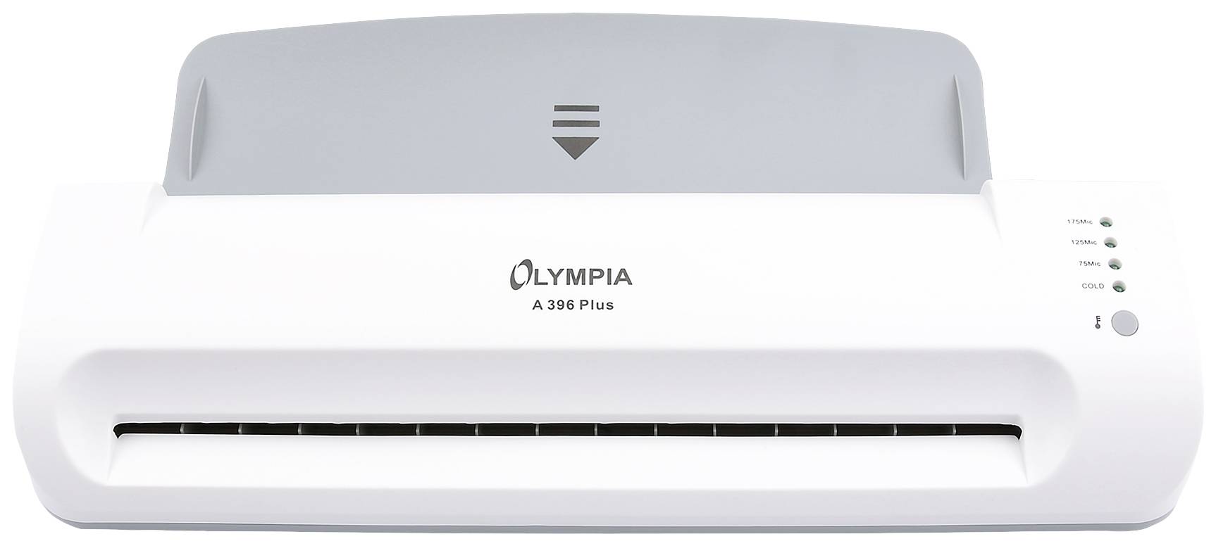 Ein weißes Laminiergerät der Marke Olympia A 396 Plus mit grauem Papierhalter und Bedienfeld mit mehreren Lichtern auf der rechten Seite.