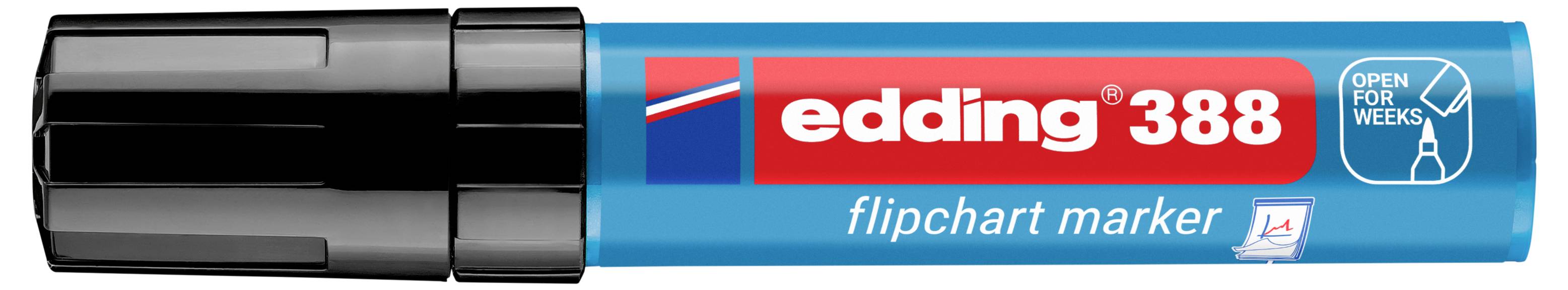 Schwarzer Flipchart-Marker mit der Bezeichnung „edding 388" und dem Logo „open free weeks" auf einem blauen Schaft und einer blauen Kappe.