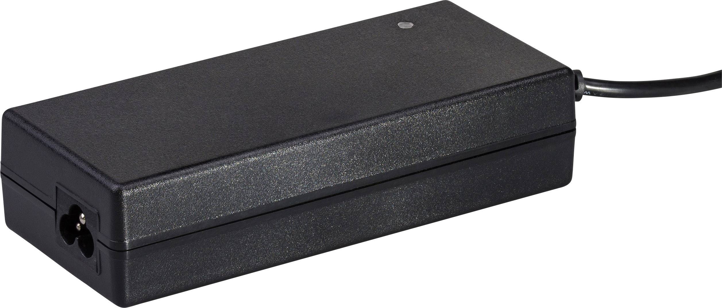 Ein schwarzes Netzteil mit einem Kabelanschluss auf der rechten Seite. Es hat eine rechteckige Form und eine glatte Oberfläche.