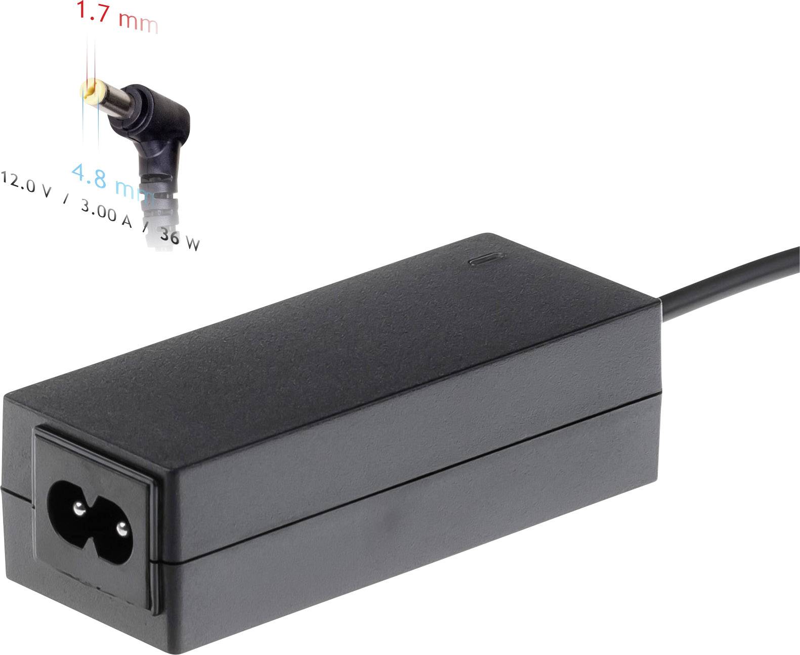 Ein rechteckiges, schwarzes Netzteil mit einem Kabel und Stecker. Der Stecker hat Maße von 1,7 mm Durchmesser und 4,8 mm Länge.