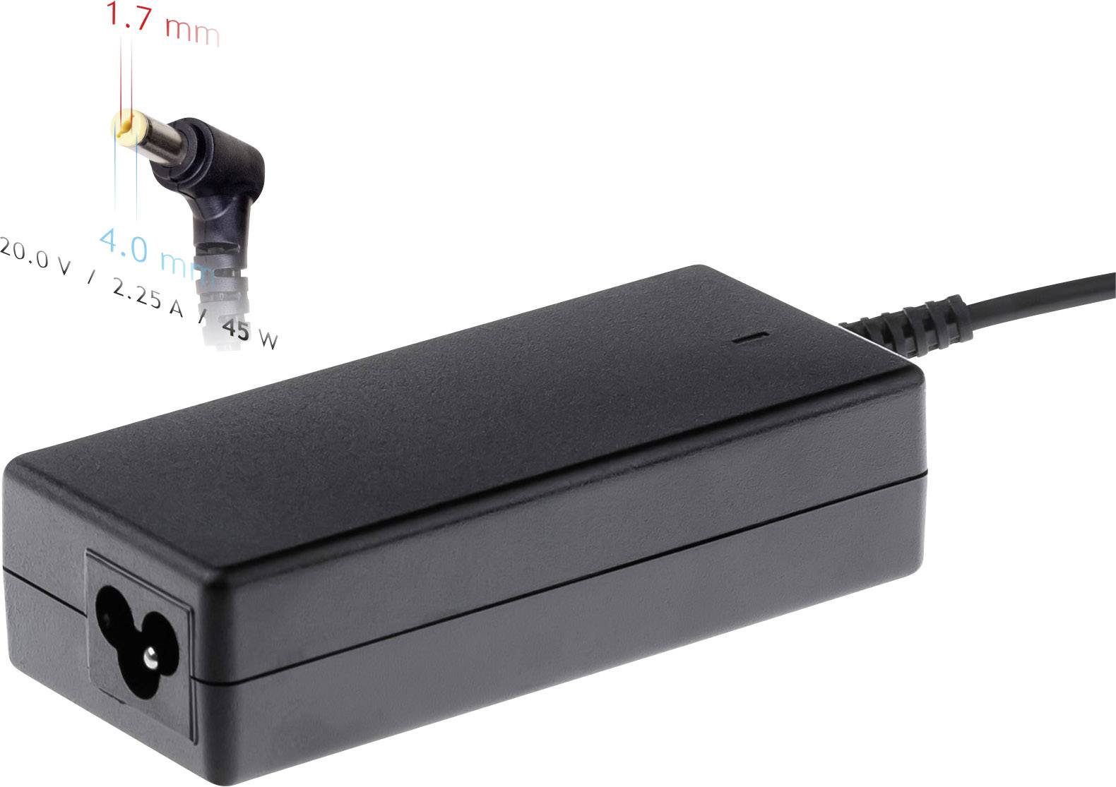Ein schwarzes Netzteil mit einem Stecker, der Maße von 1,7 mm und 4,0 mm aufweist. Es liefert 20,0 V, 2,25 A und 45 W.