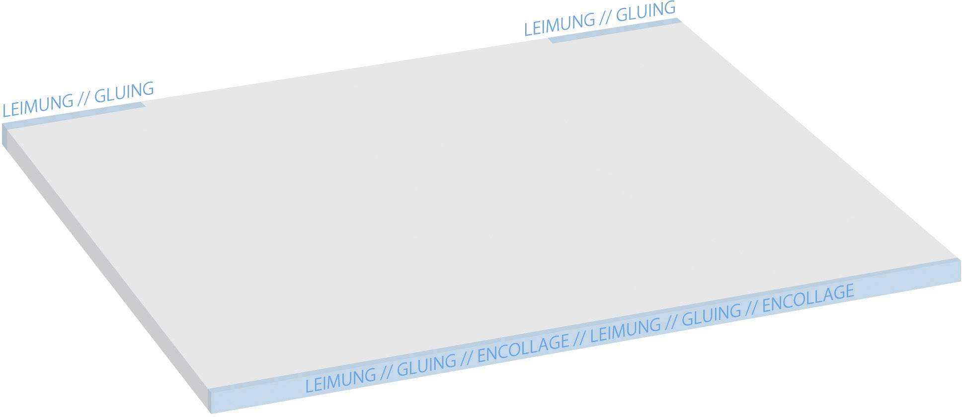 Eine rechteckige Platte mit der Beschriftung 'Leimung // Gluing' an den Kanten, was auf eine verklebte Verbindung hinweist.