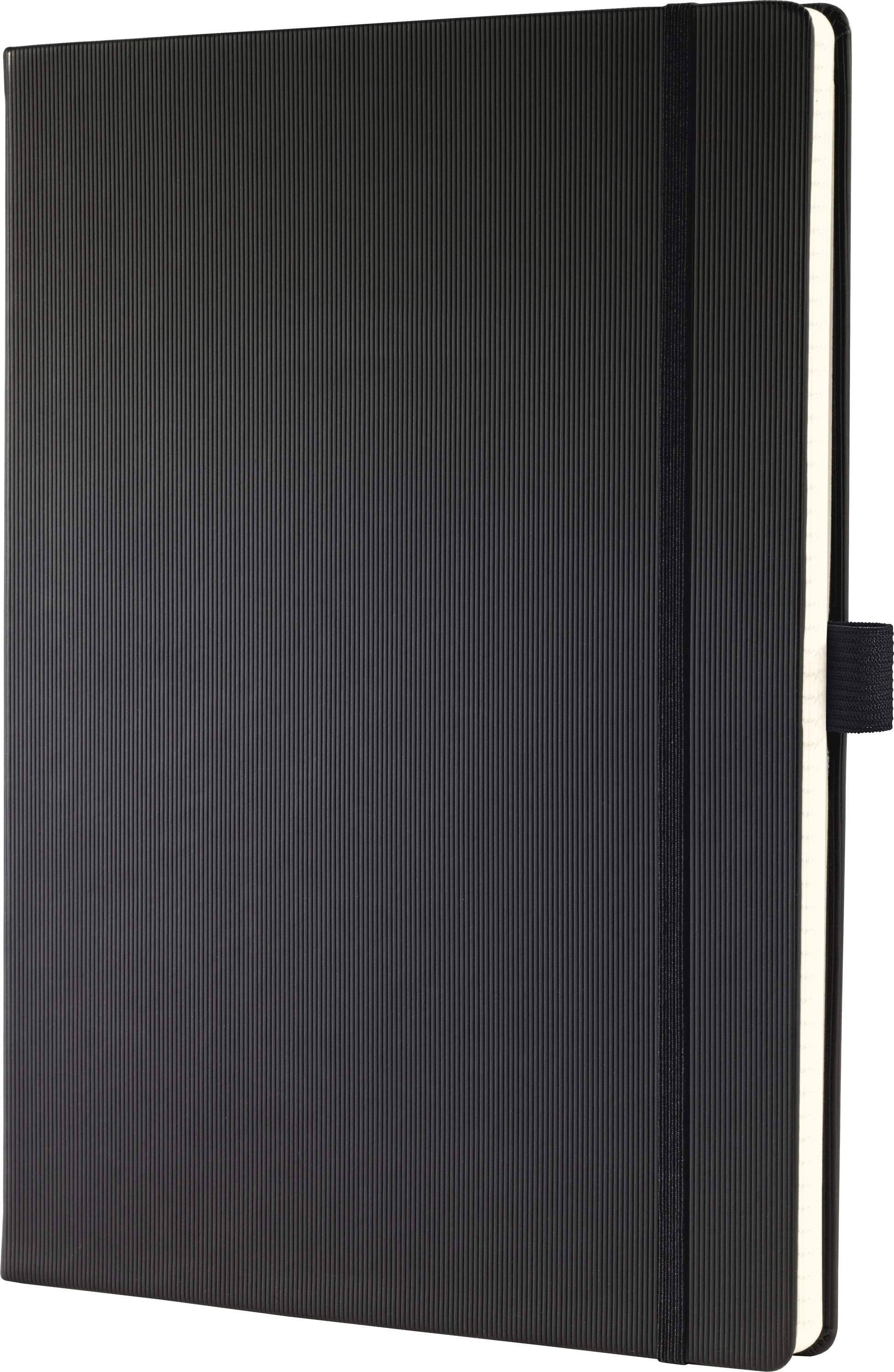 Schwarzes Hardcover-Notizbuch mit Gummizugverschluss und cremefarbenen Seiten, die an der rechten Kante sichtbar sind.