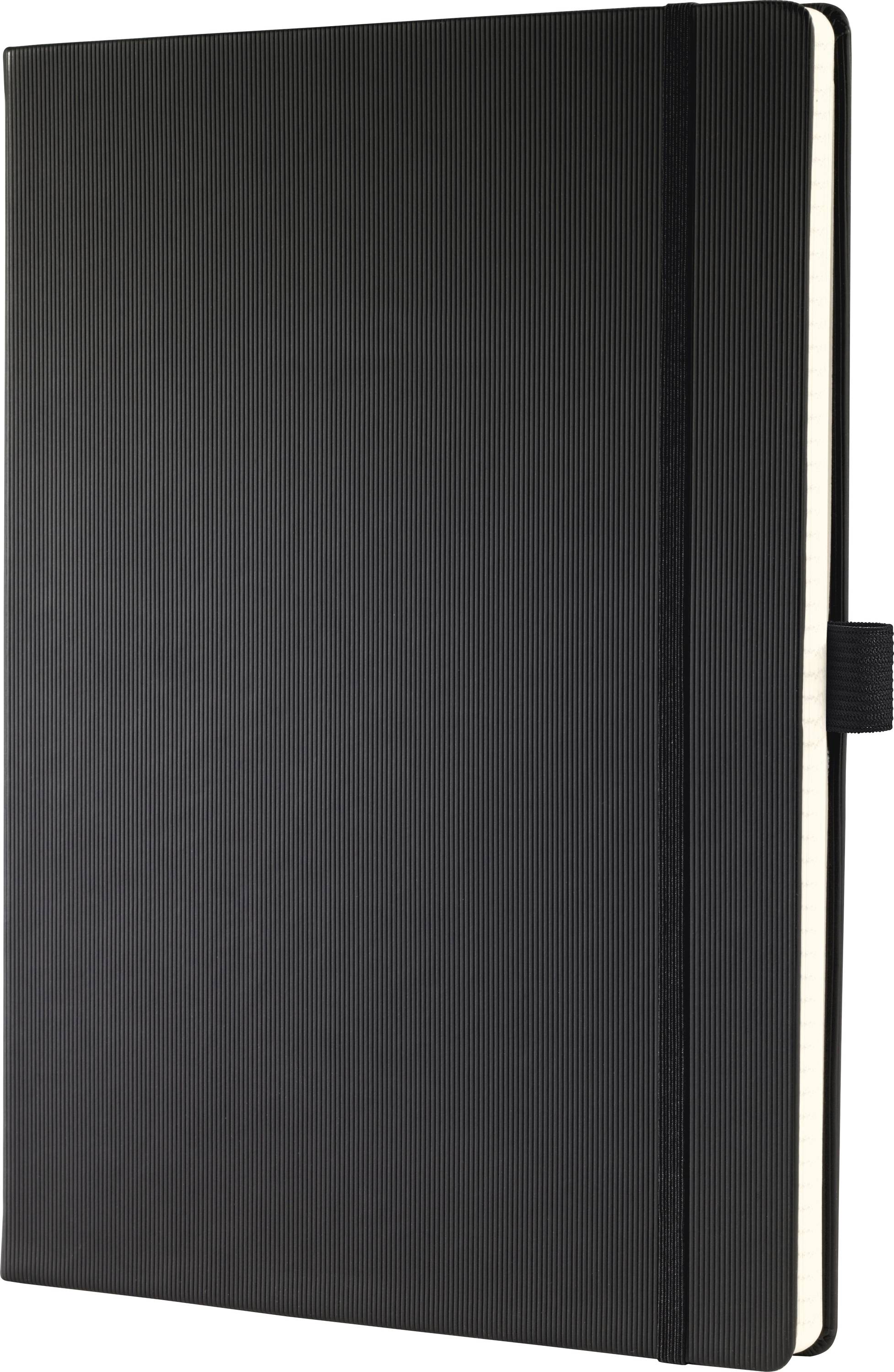 Schwarzes Hardcover-Notizbuch oder Tagebuch mit elastischem Verschluss, geschlossen auf weißem Hintergrund dargestellt.