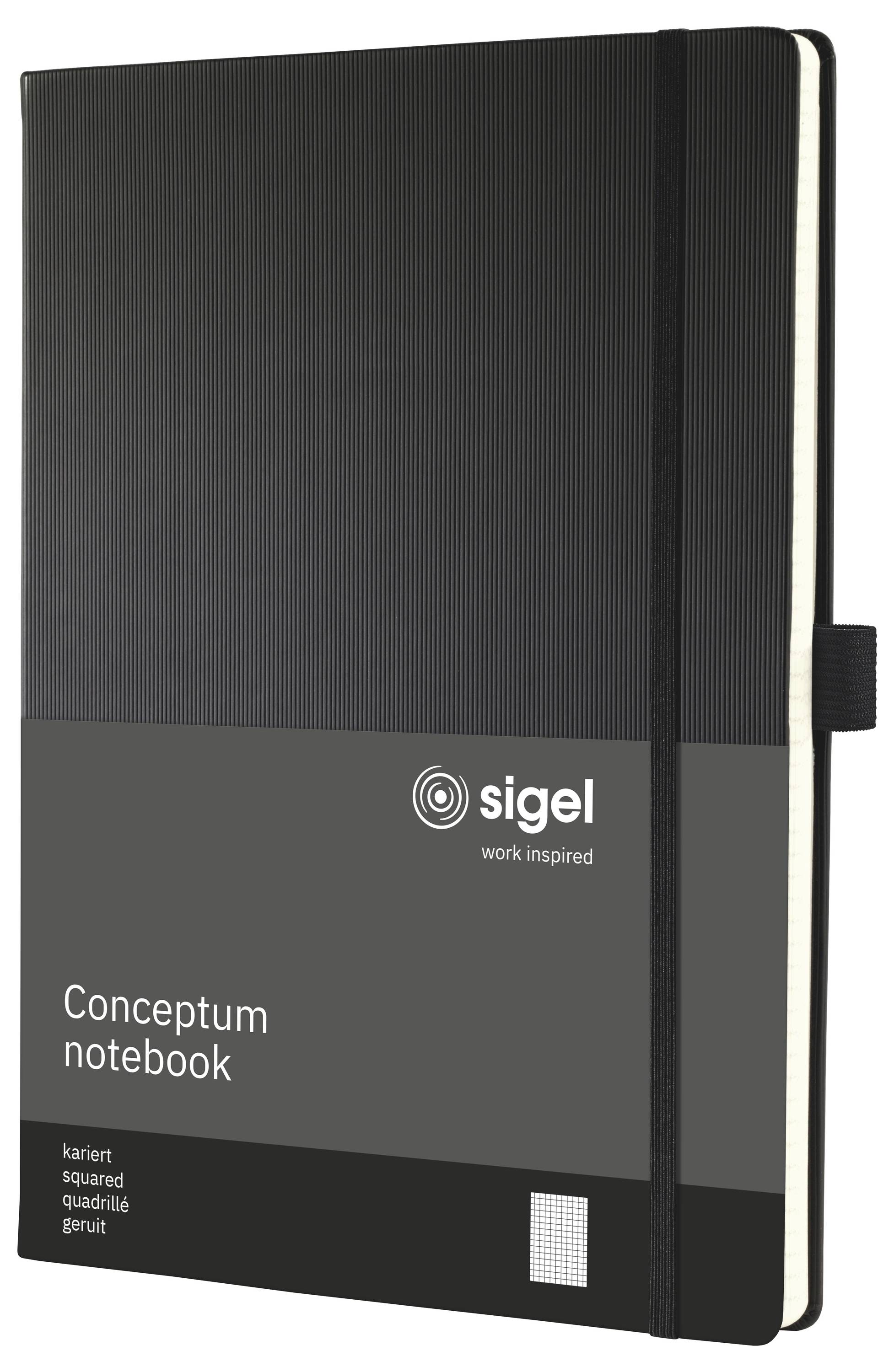 Schwarzes Sigel Conceptum Notizbuch mit elastischem Verschluss, beschriftet mit „Conceptum notebook