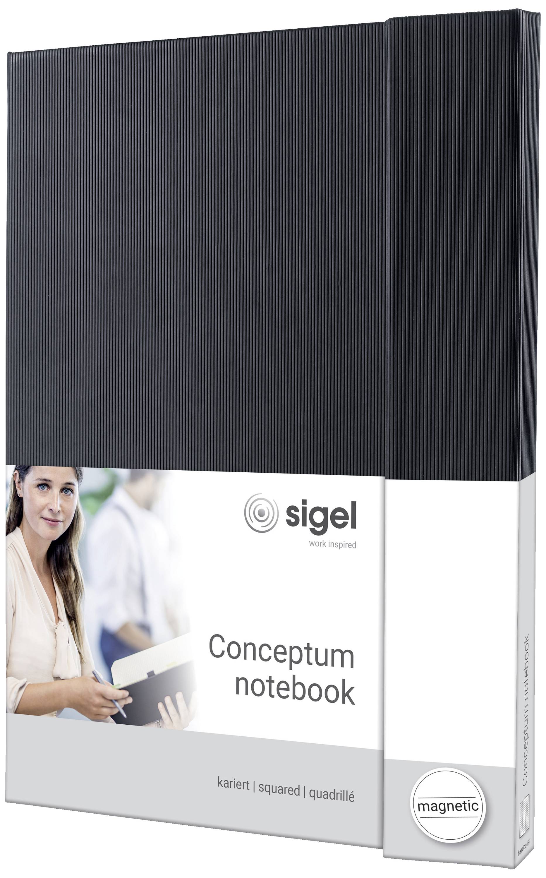 Ein schwarzes Notizbuch 'Conceptum' von sigel mit kariertem Papier. Verpackung zeigt eine Frau, die ein Notizbuch hält.