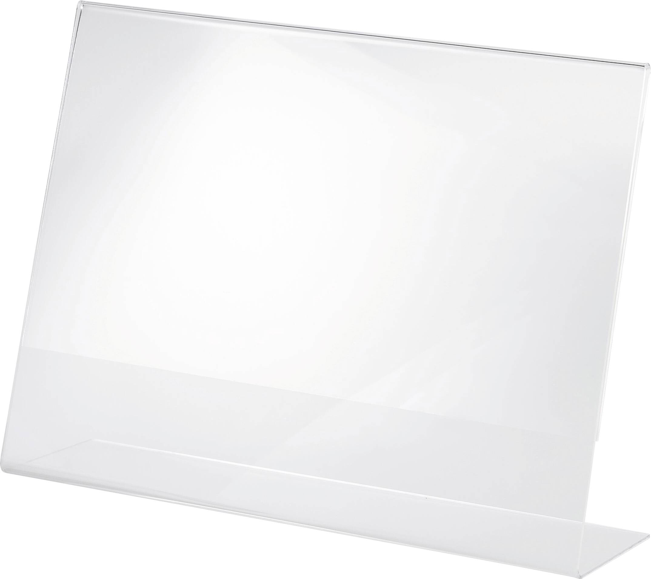 Transparenter Acryl-Displayschild-Halter auf einem klaren geneigten Ständer, leer auf weißem Hintergrund dargestellt.
