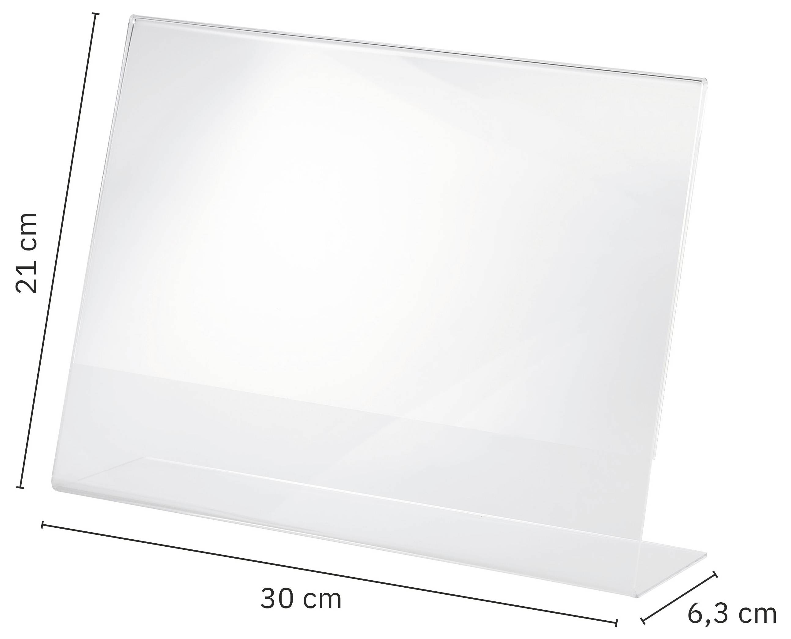 Transparenter Acryl-Displayschild-Halter in Schrägansicht mit Größenbezeichnungen: 30 cm breit, 21 cm hoch, 6,3 cm tief.