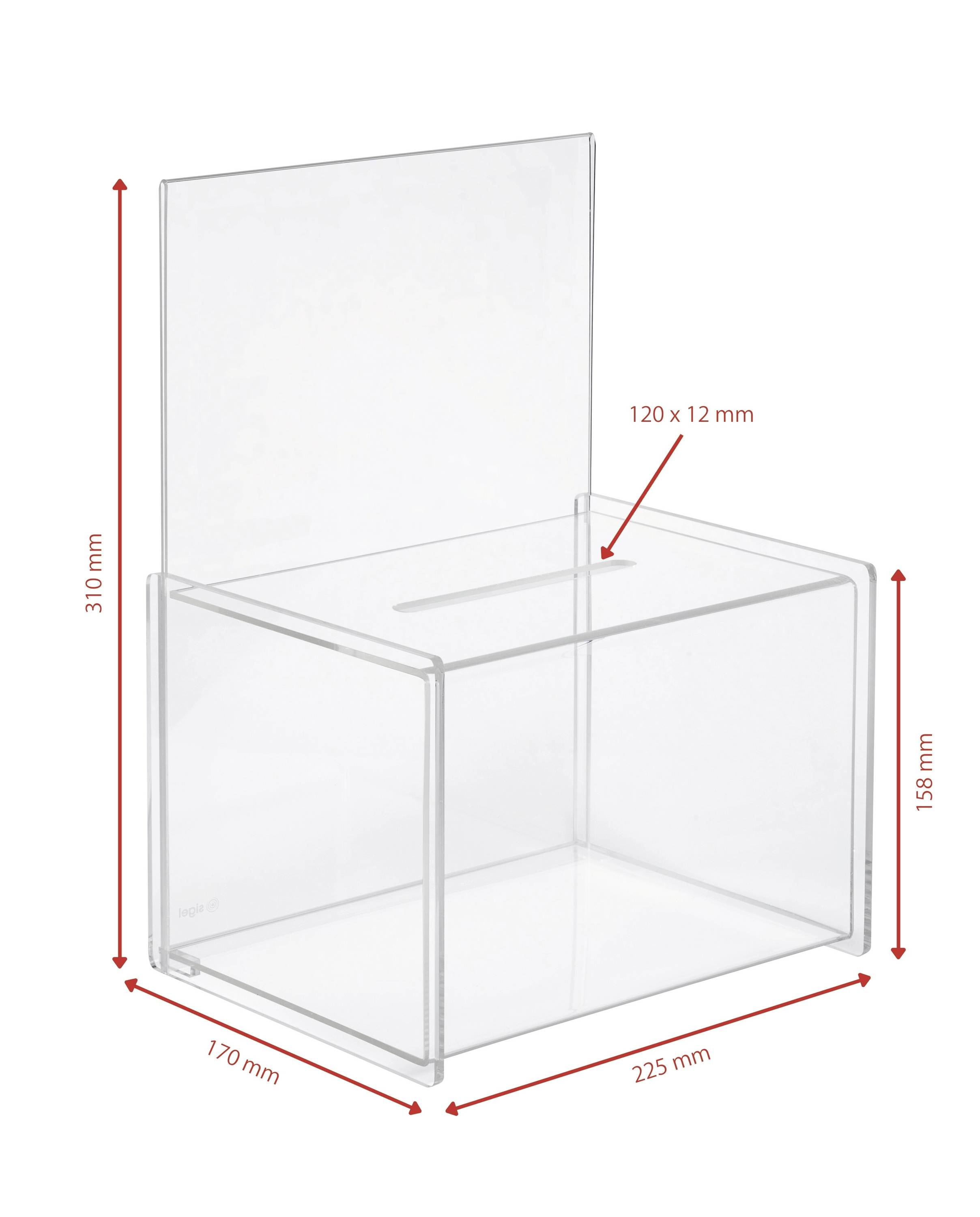 Transparente Acryl-Wahlurne mit Abmessungen: 170 mm Tiefe, 225 mm Breite, 158 mm Höhe und 310 mm Rückwand. Oberer Einwurfschlitz: 120 x 12 mm.