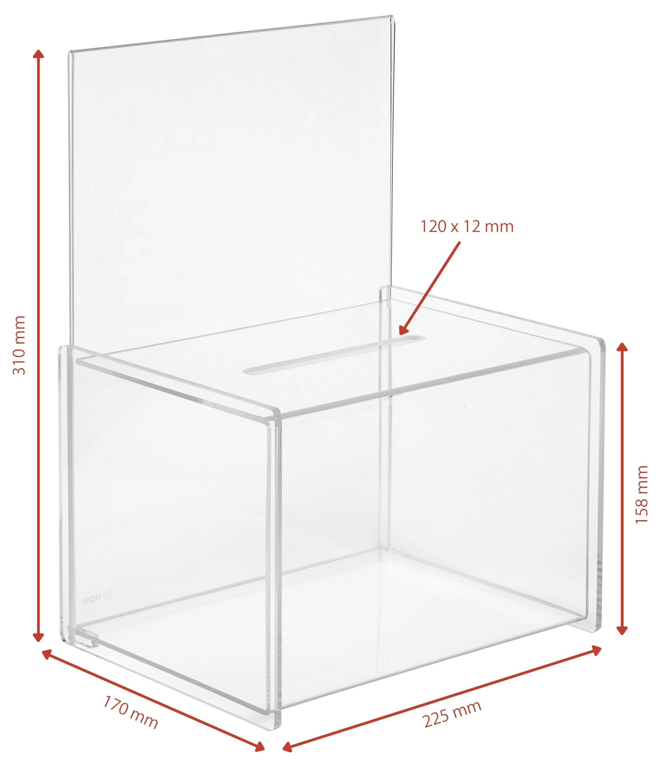 Transparenter Acryl-Ausstellungsständer mit aufrechtem Rückenpanel, mit den Abmessungen 225 mm Breite, 170 mm Tiefe, 158 mm Höhe und 310 mm Gesamthöhe; Schlitz ist 120 x 12 mm.