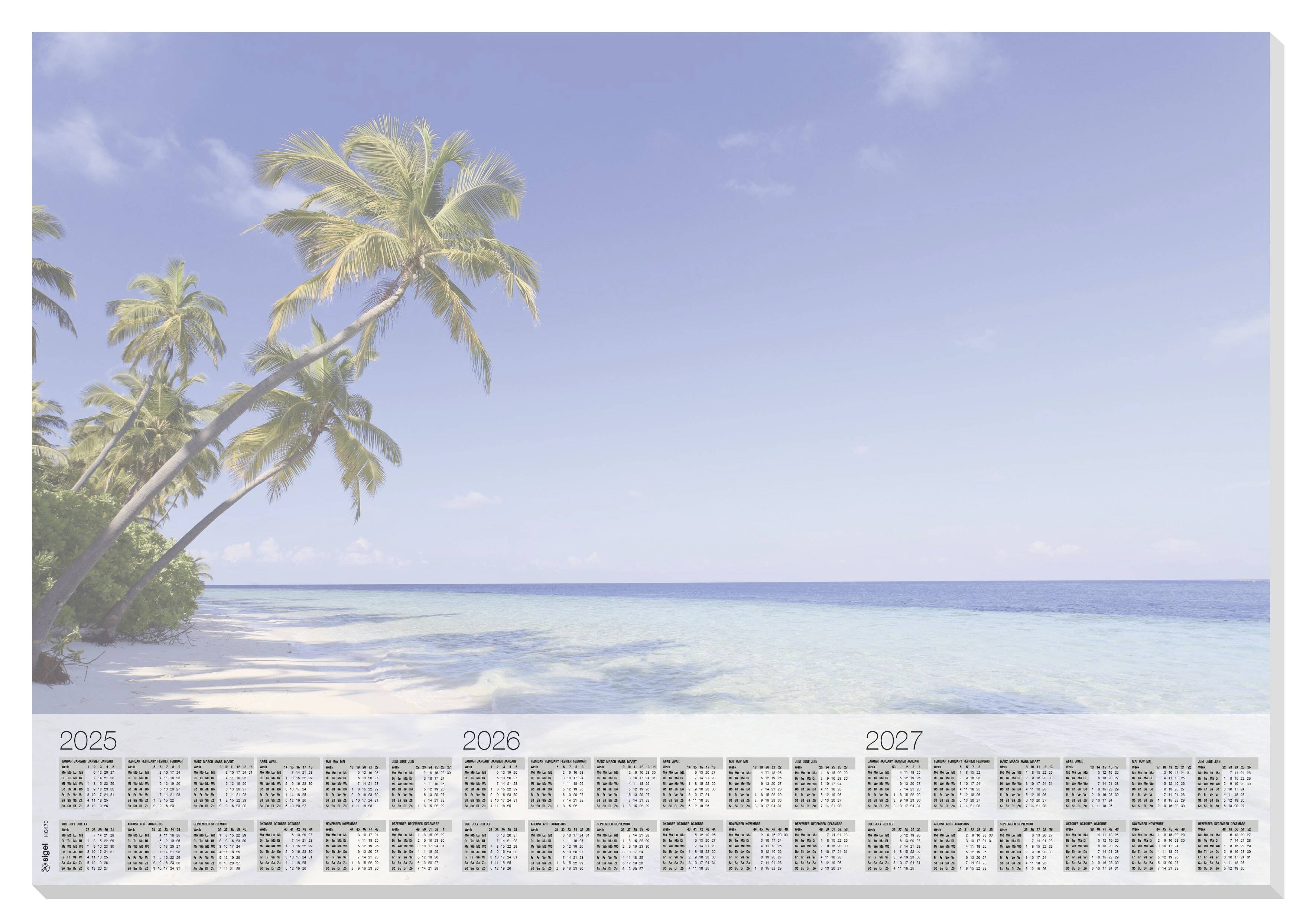 Wandkalender mit einer tropischen Strandszene und Palmen über einem dreijährigen Kalenderraster mit den Bezeichnungen 2025, 2026 und 2027.