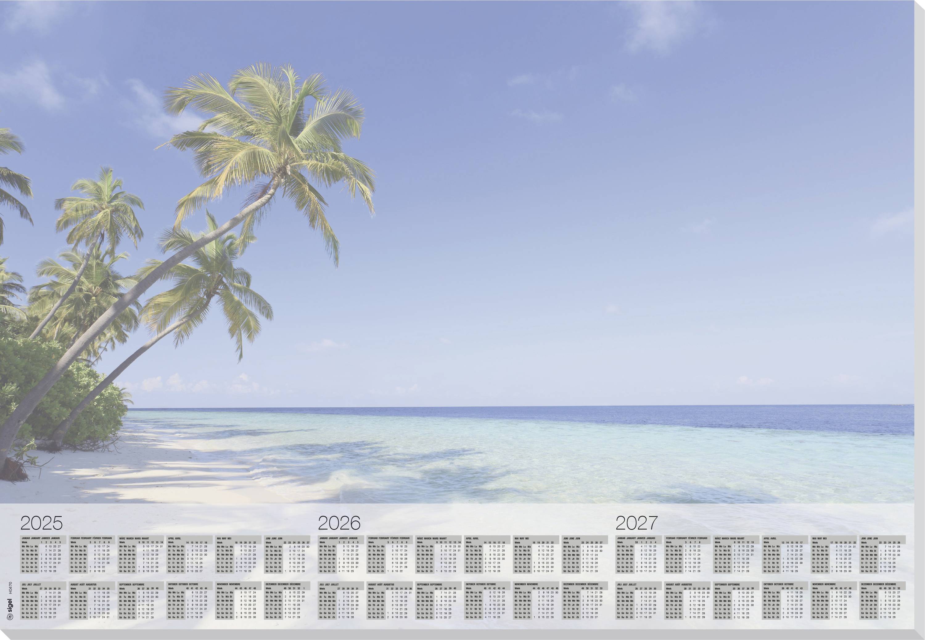 Kalender für die Jahre 2025 bis 2027 vor einem karibischen Strand mit Palmen und klarem, blauem Wasser im Hintergrund.