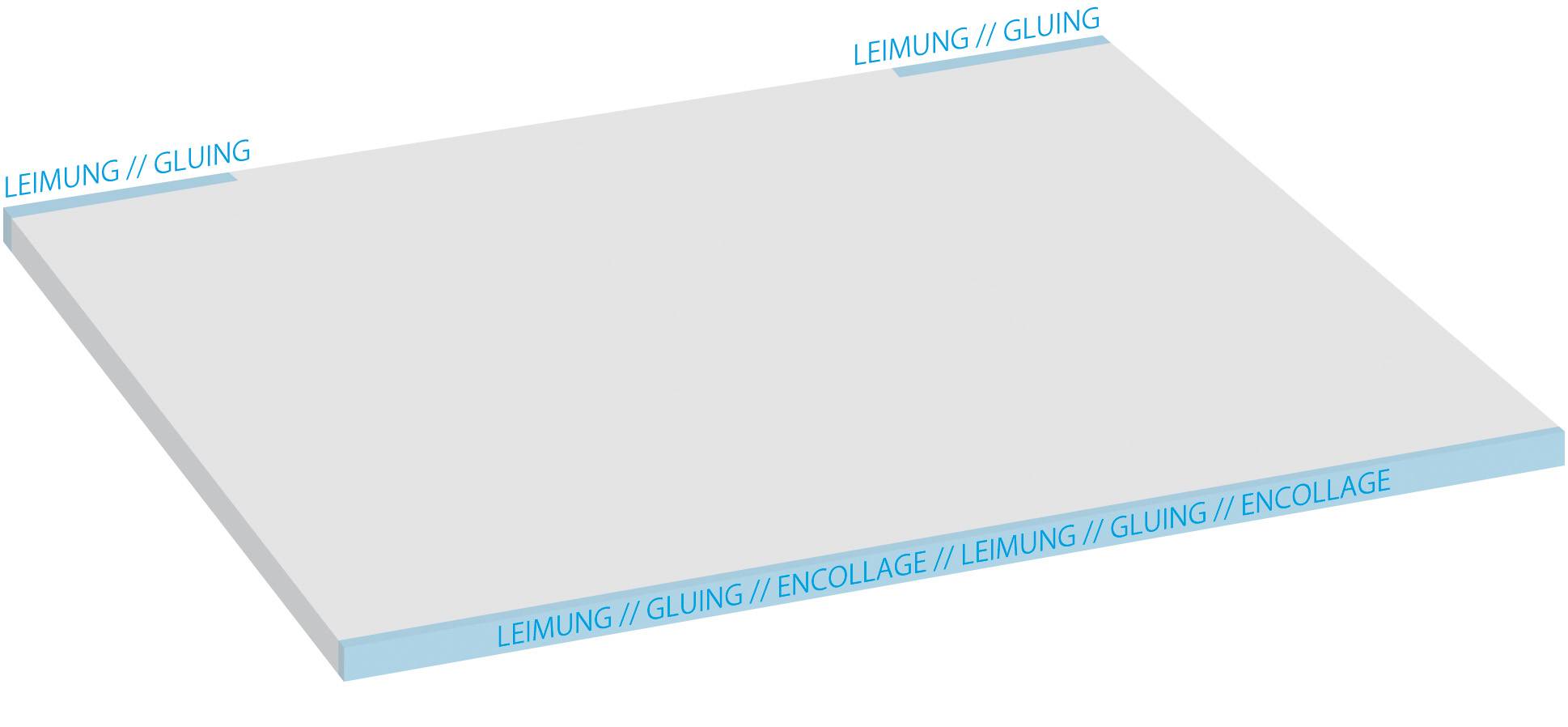 Weißes Rechteck mit blauen Kanten, beschriftet 'Leimung // Gluing', zeigt Klebebereich.