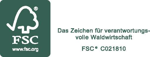 Grünes FSC-Label mit Baum-Symbol. Text: 'Das Zeichen für verantwortungsvolle Waldwirtschaft' und FSC® C021810.