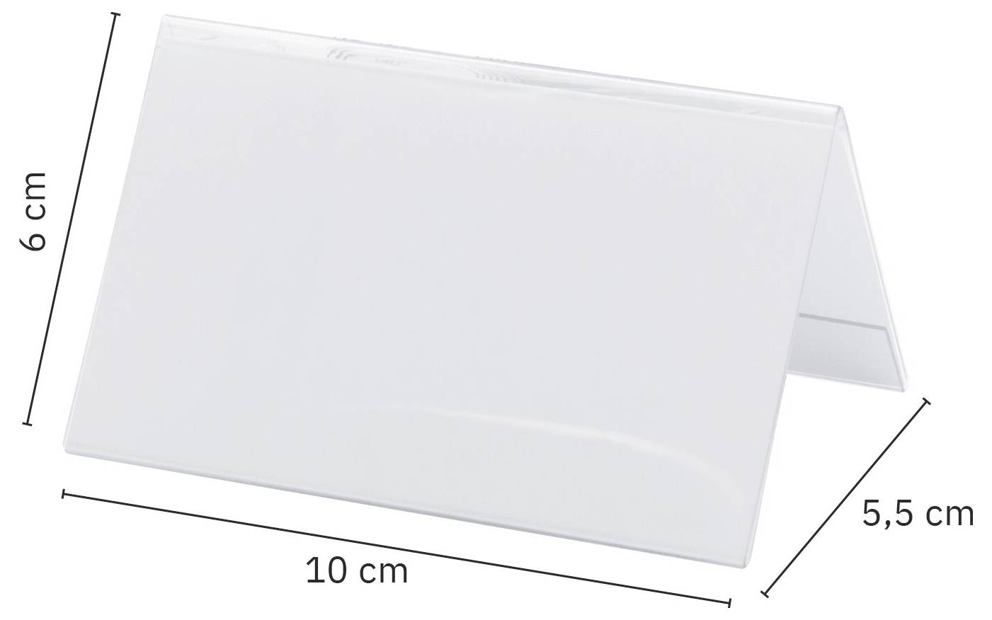 Weiße Acryl-Ausstellungsständer in Perspektive dargestellt mit beschrifteten Abmessungen von 10 cm Breite, 6 cm Höhe und 5,5 cm Tiefe.