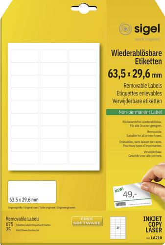 Sigel LA210 Universal-Etiketten 63.5 x 29.6 mm Papier Weiß 675 St. Wiederablösbar Tintenstrahldruck